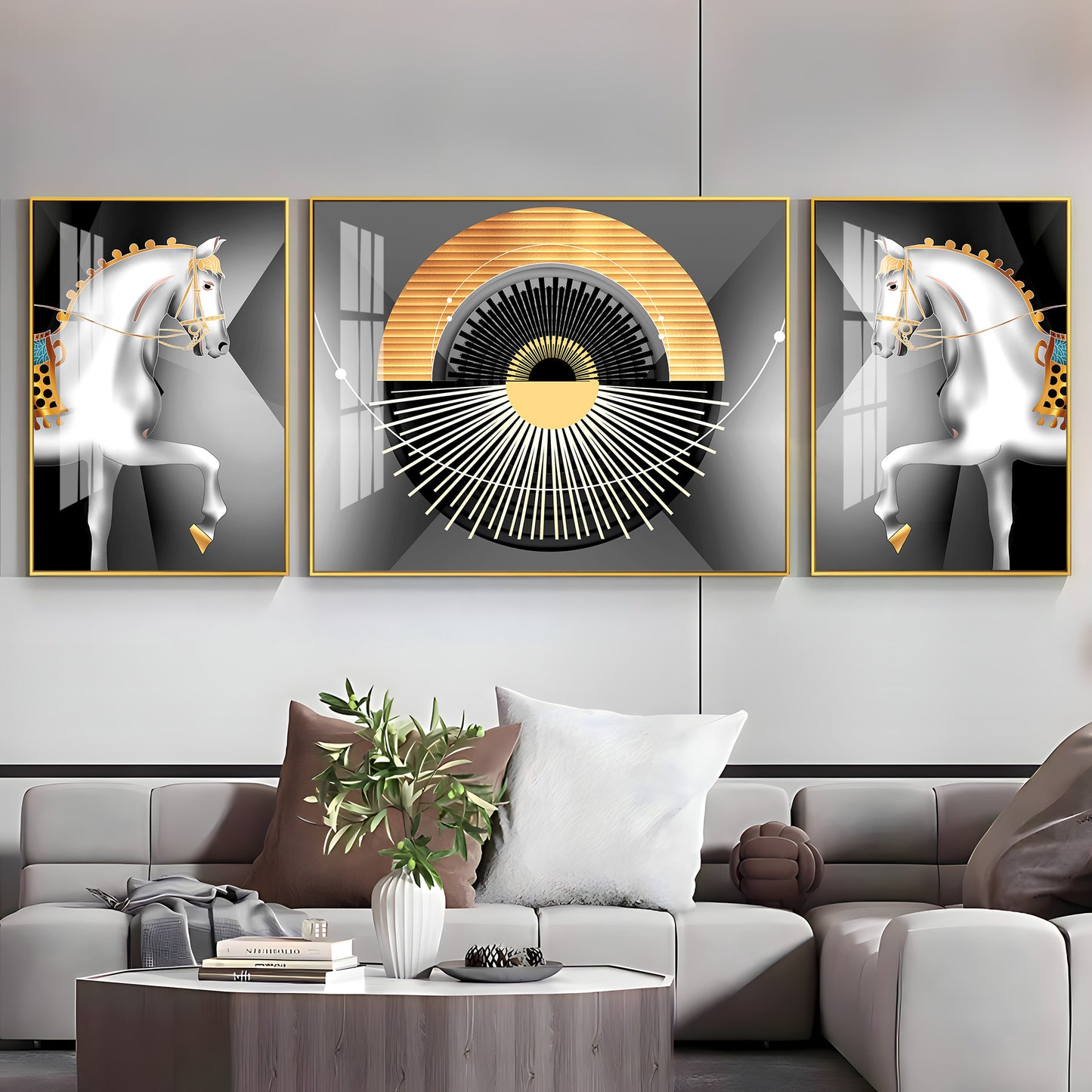 White Horse Harmony Glass Finish Wall Art (Set Of 3)
