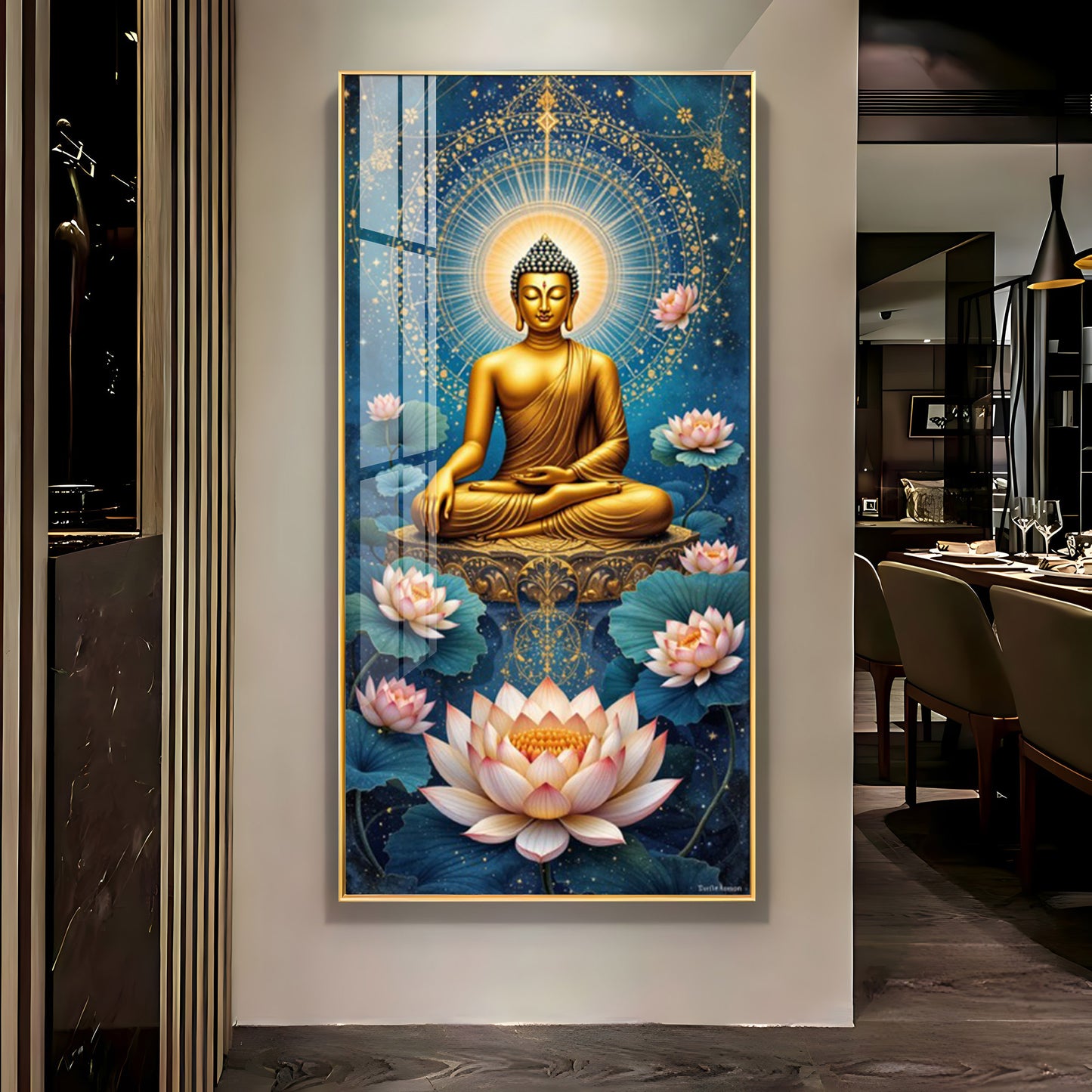 Meditating Buddha With White Lotus Glass Finish Vertical Wall Art
