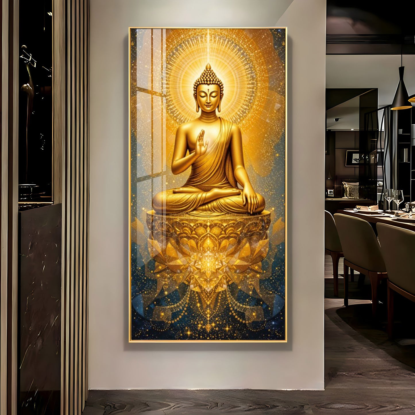 Golden Budha's Aura Glass Finish Vertical Wall Art