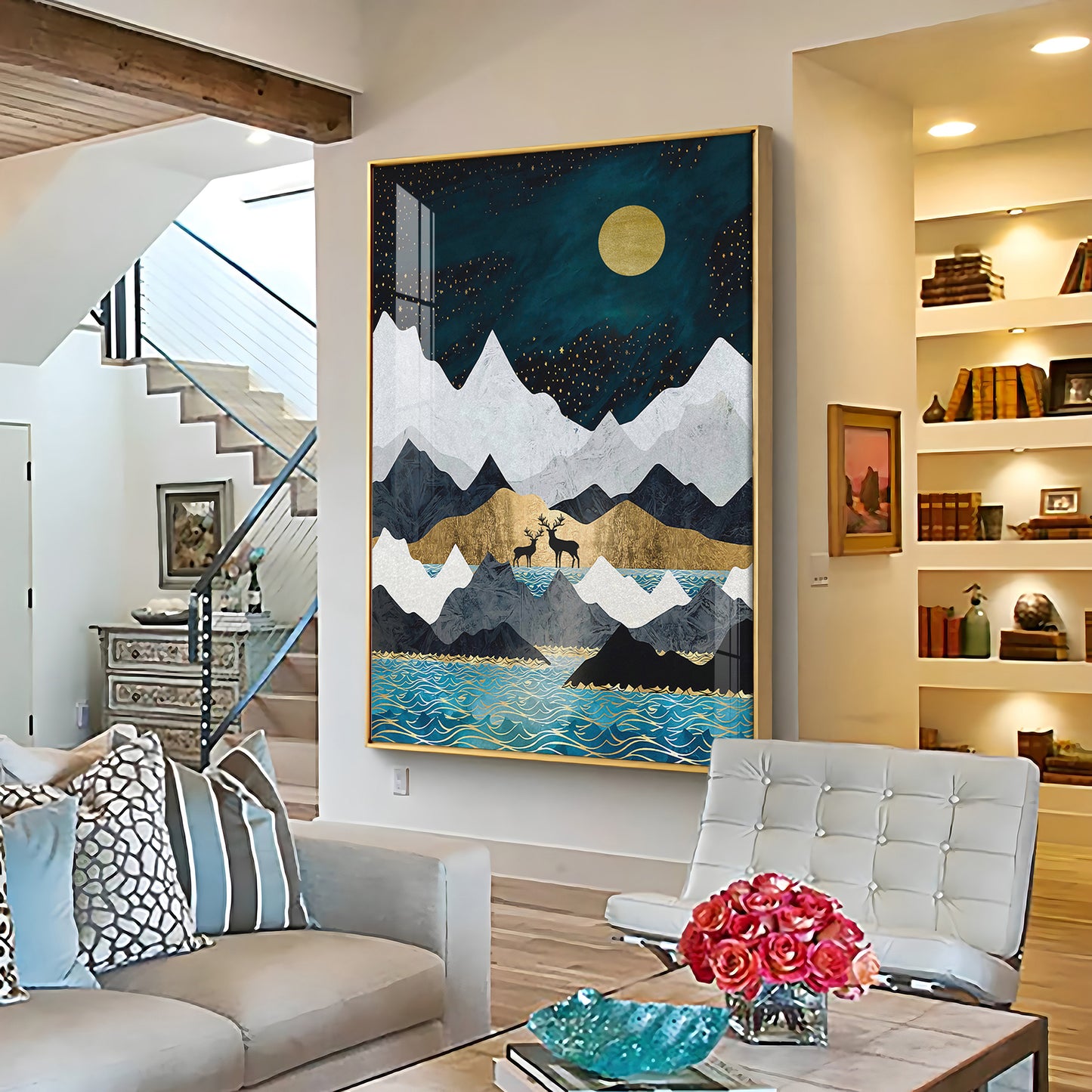 Moonlit Mountain Reverie Glass Finish Vertical Wall Art
