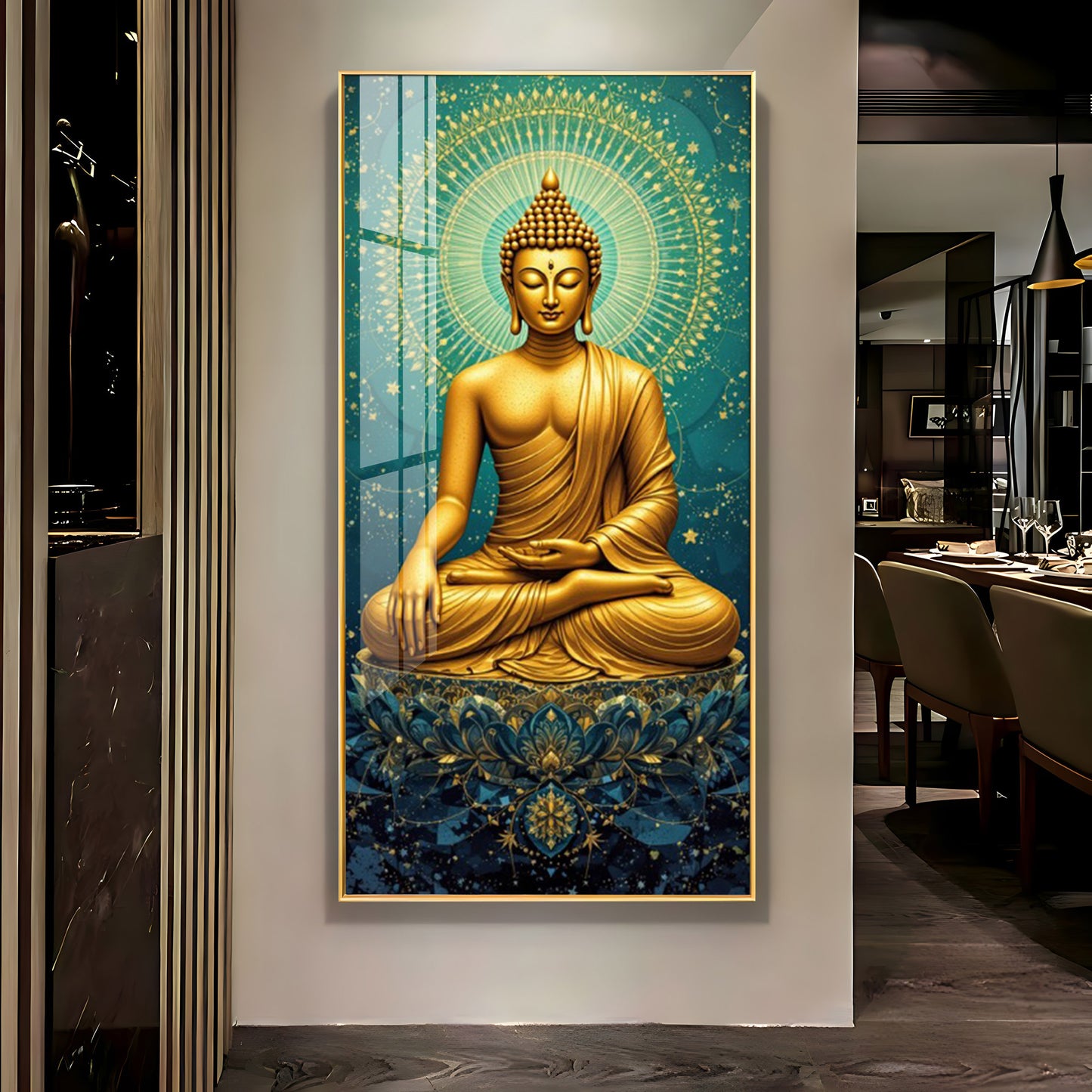 Golden Buddha's Energetic Wisdom Glass Finish Vertical Wall Art