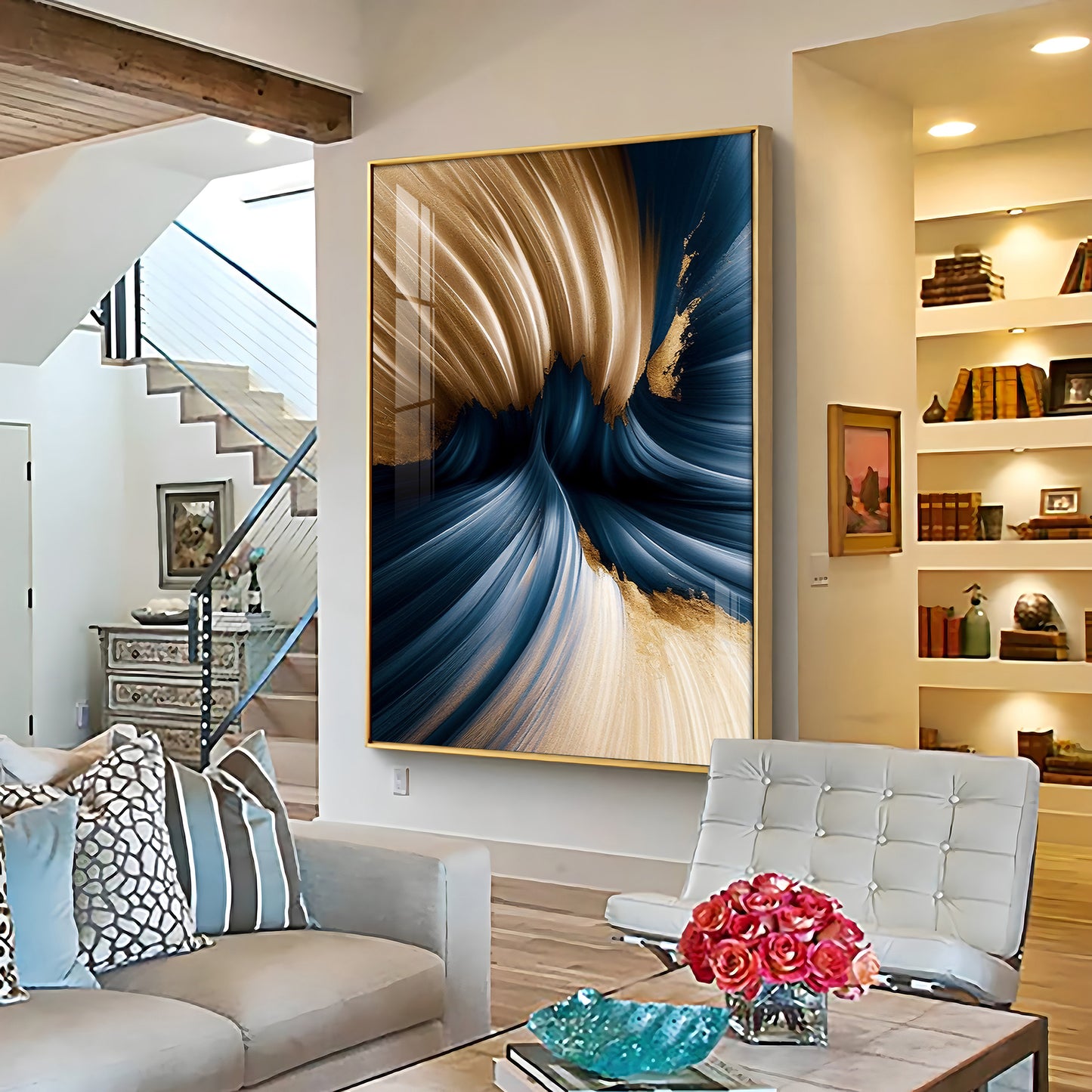 Golden Wave Serenity Glass Finish Vertical Wall Art