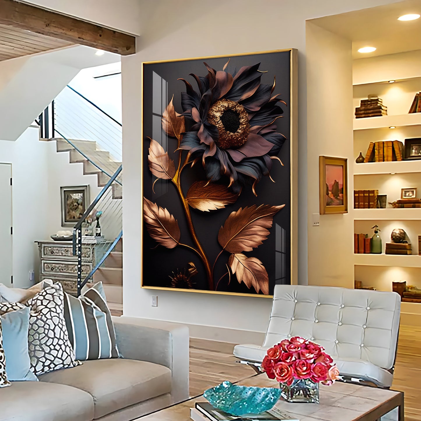 Midnight Sunflower Elegance Glass Finish Vertical Wall Art