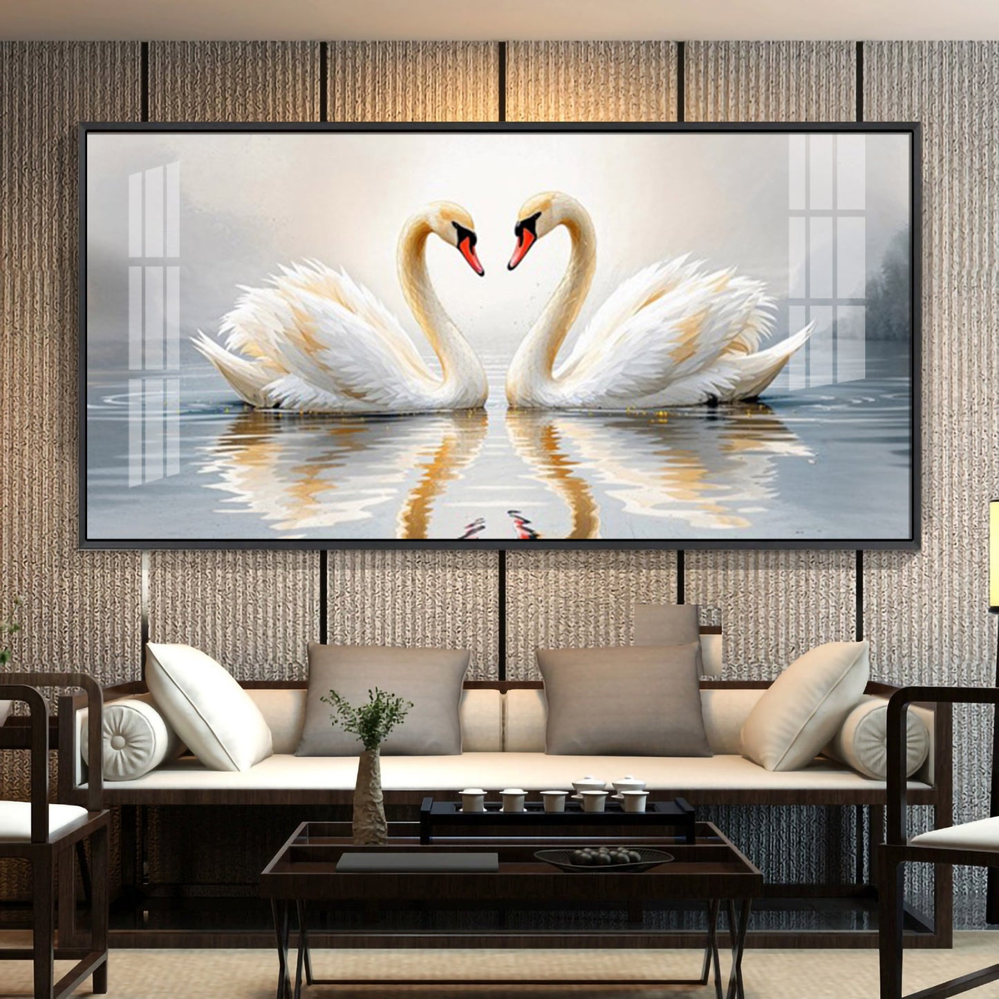 Two White Swan Glass Finish Horizontal Wall Art