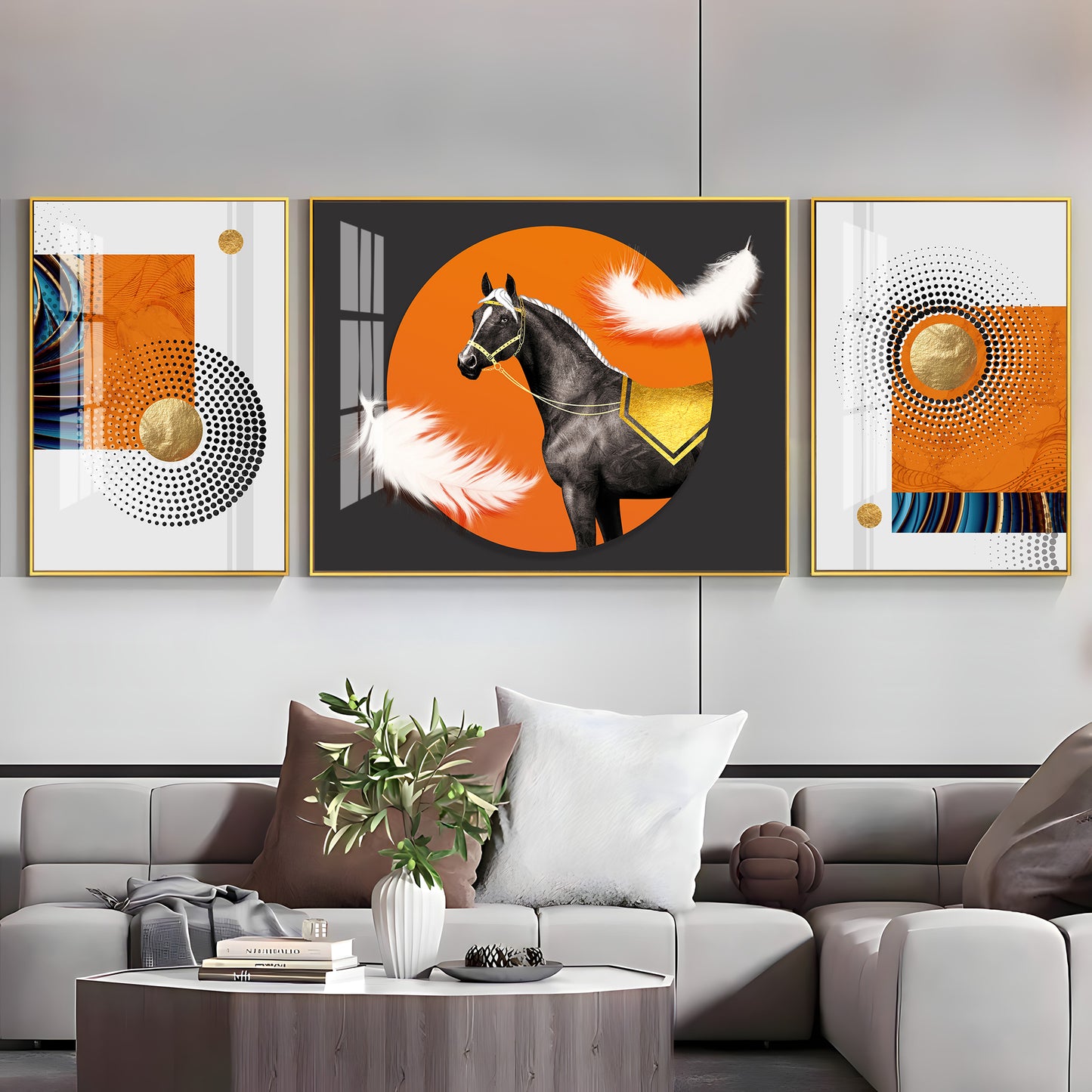 Horse & Feather Glass Finish Wall Art (Set Of 3)