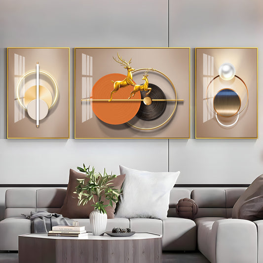 Golden Dancing Deer Glass Finish Wall Art (Set Of 3)