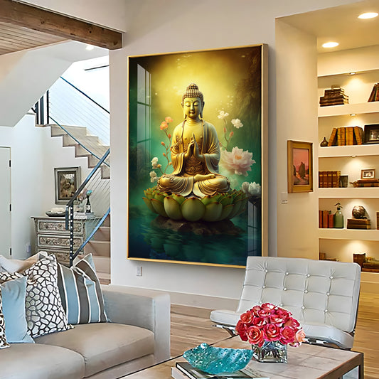 Buddha Lotus Harmony Glass Finish Vertical Wall Art