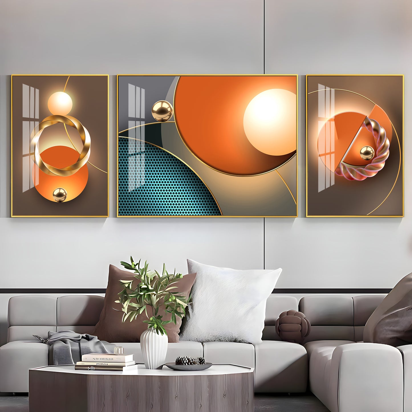Goldern Circle Abstract Glass Finish Wall Art (Set Of 3)