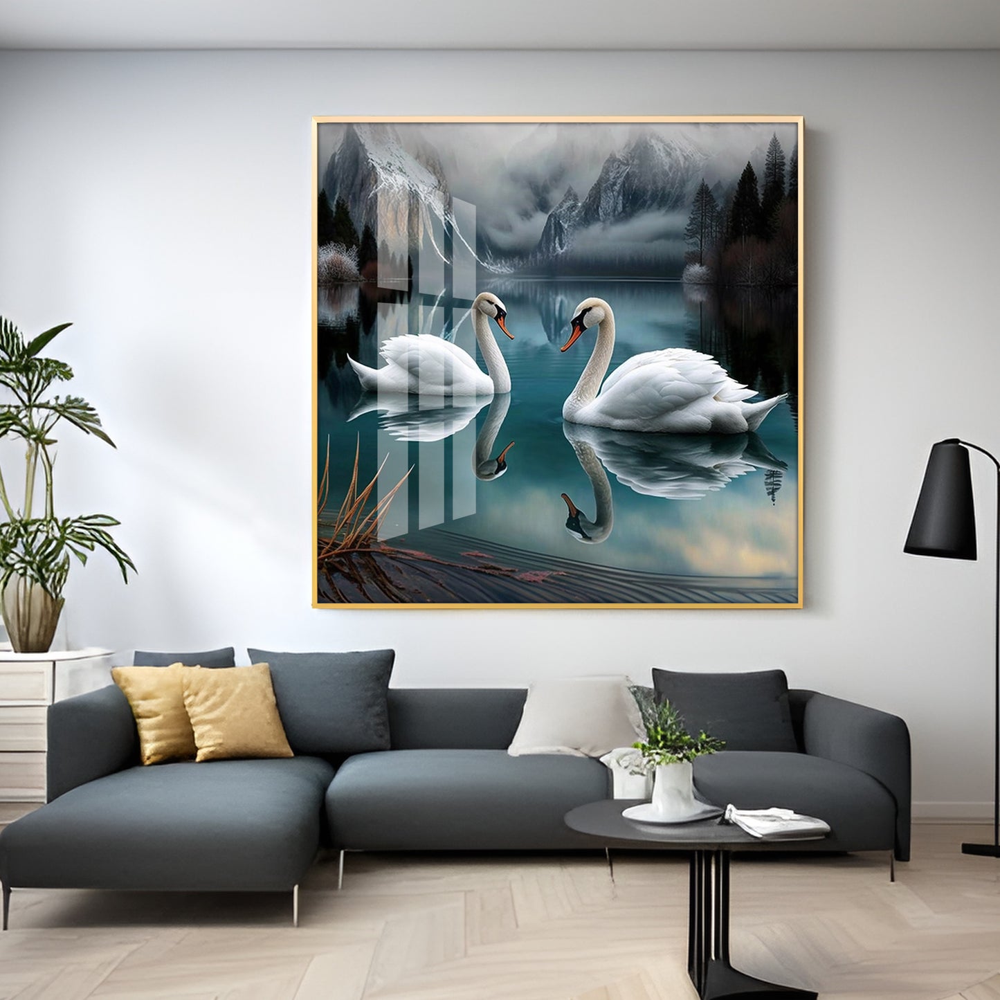 Graceful Swans in Water Glass Finish Square Wall Art