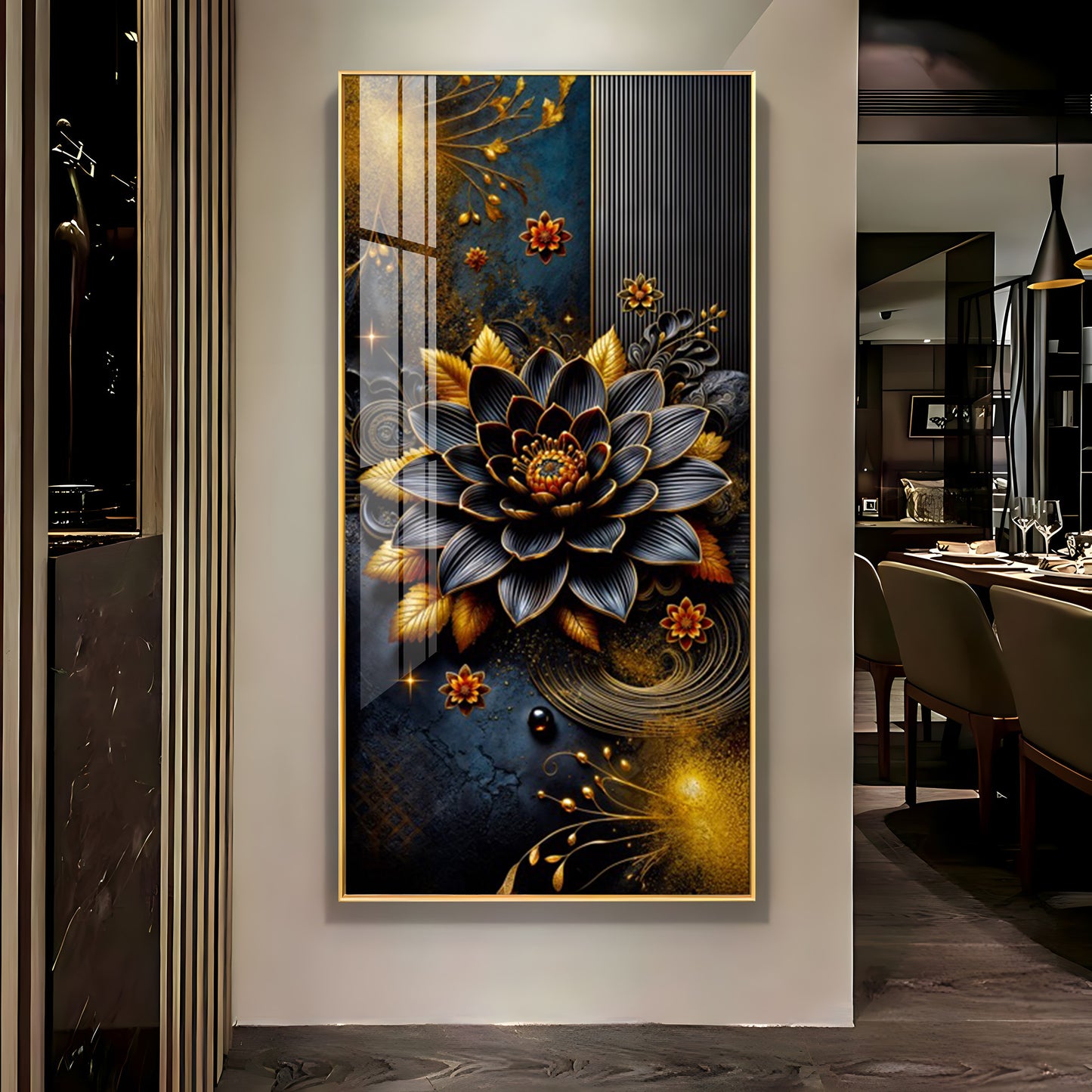 Surreal Black Flower Glass Finish Vertical Wall Art