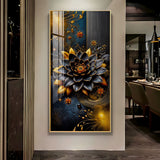 Surreal Black Flower Glass Finish Vertical Wall Art