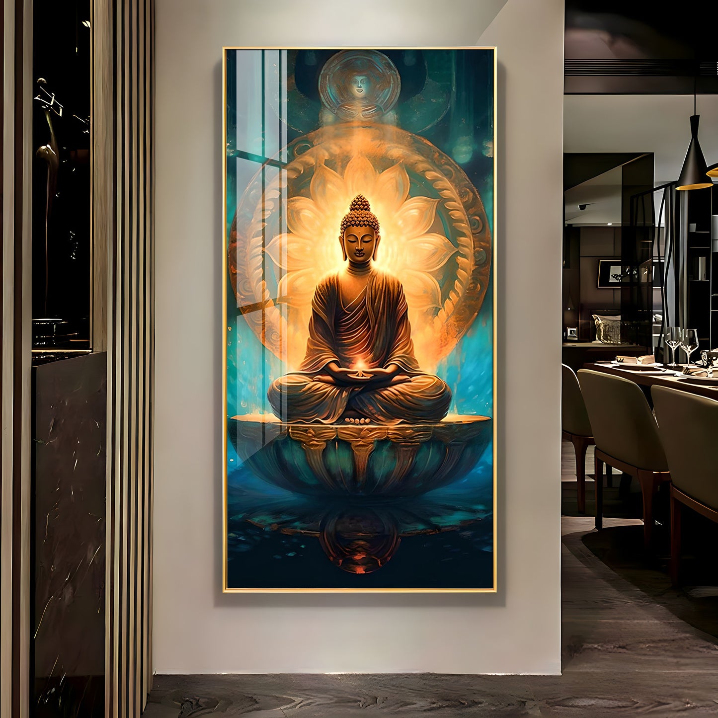 Buddha's Peaceful Retreat Glass Finish Vertical Wall Art