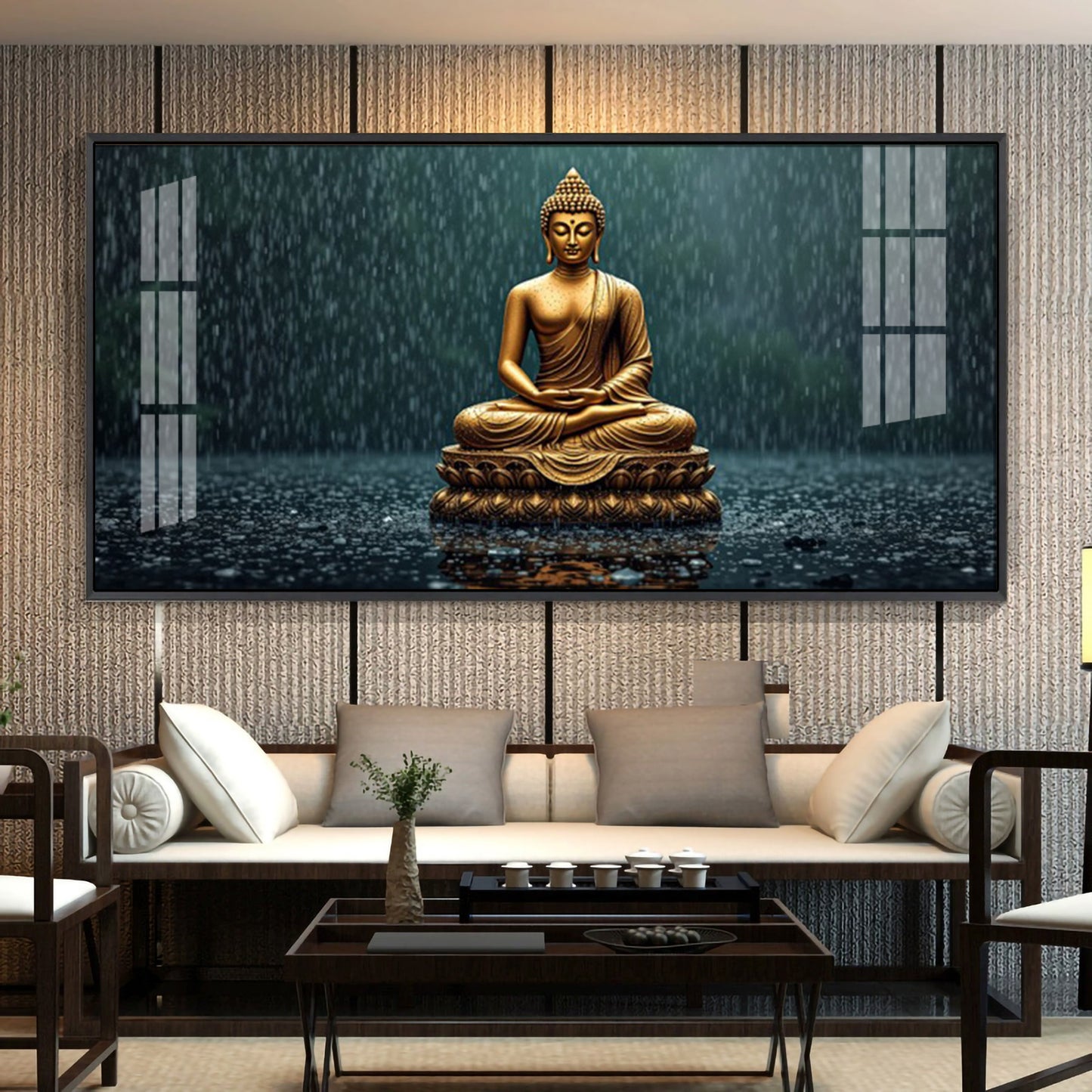 Golden Calm Budha Glass Finish Horizontal Wall Art