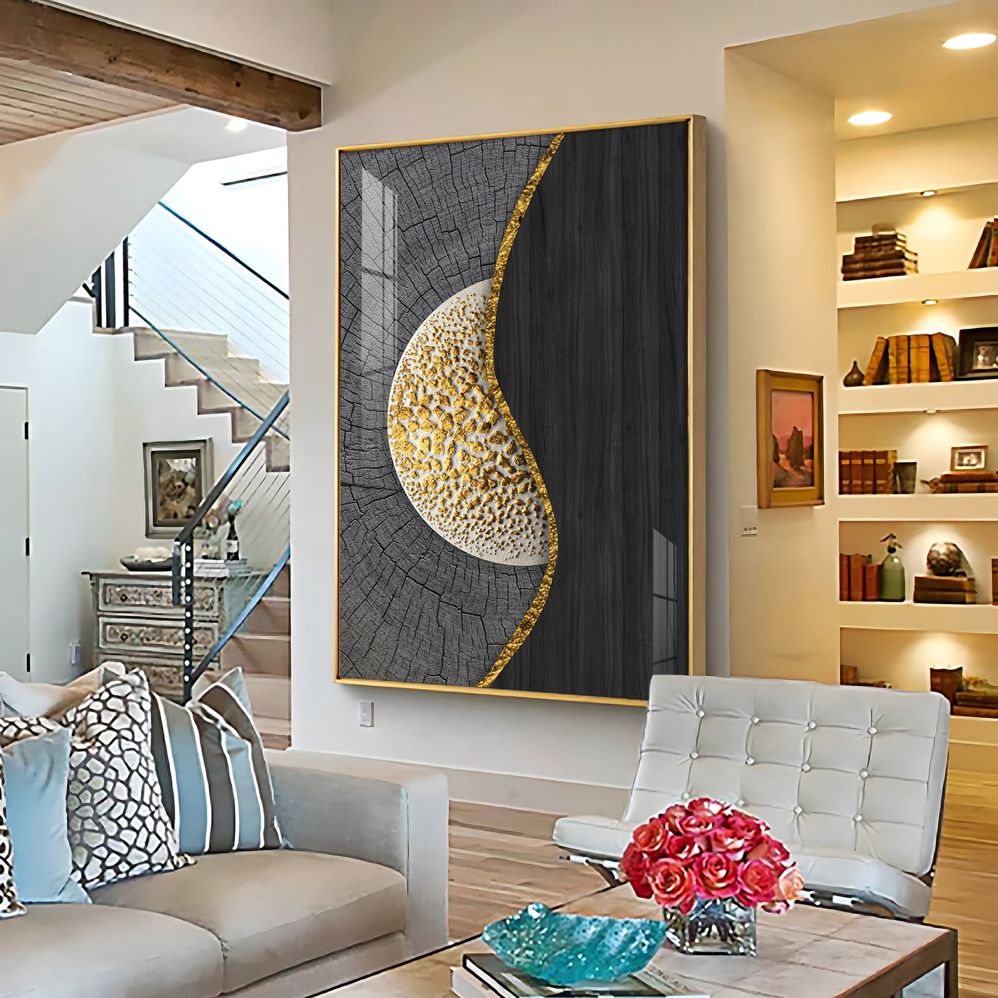 Golden Harmony Glass Finish Vertical Wall Art