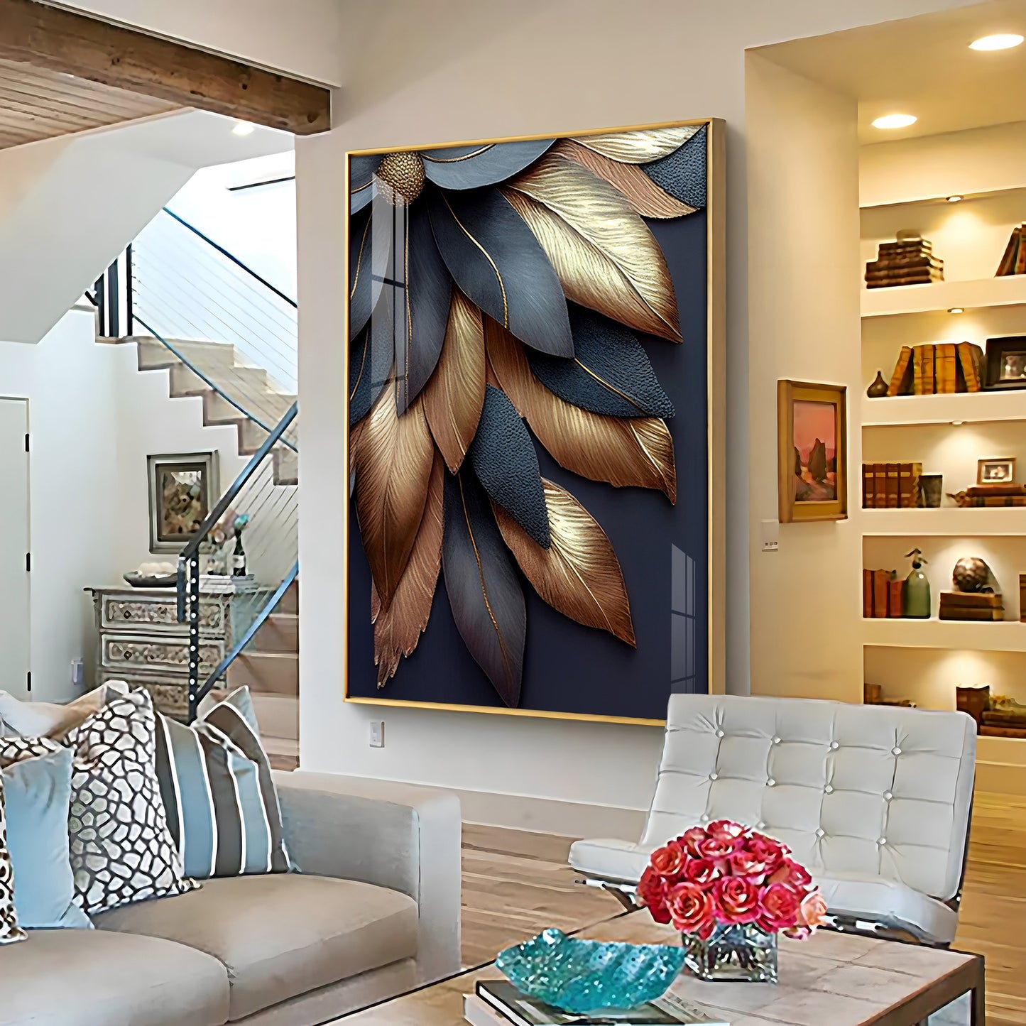 Golden Petal Elegance Glass Finish Vertical Wall Art