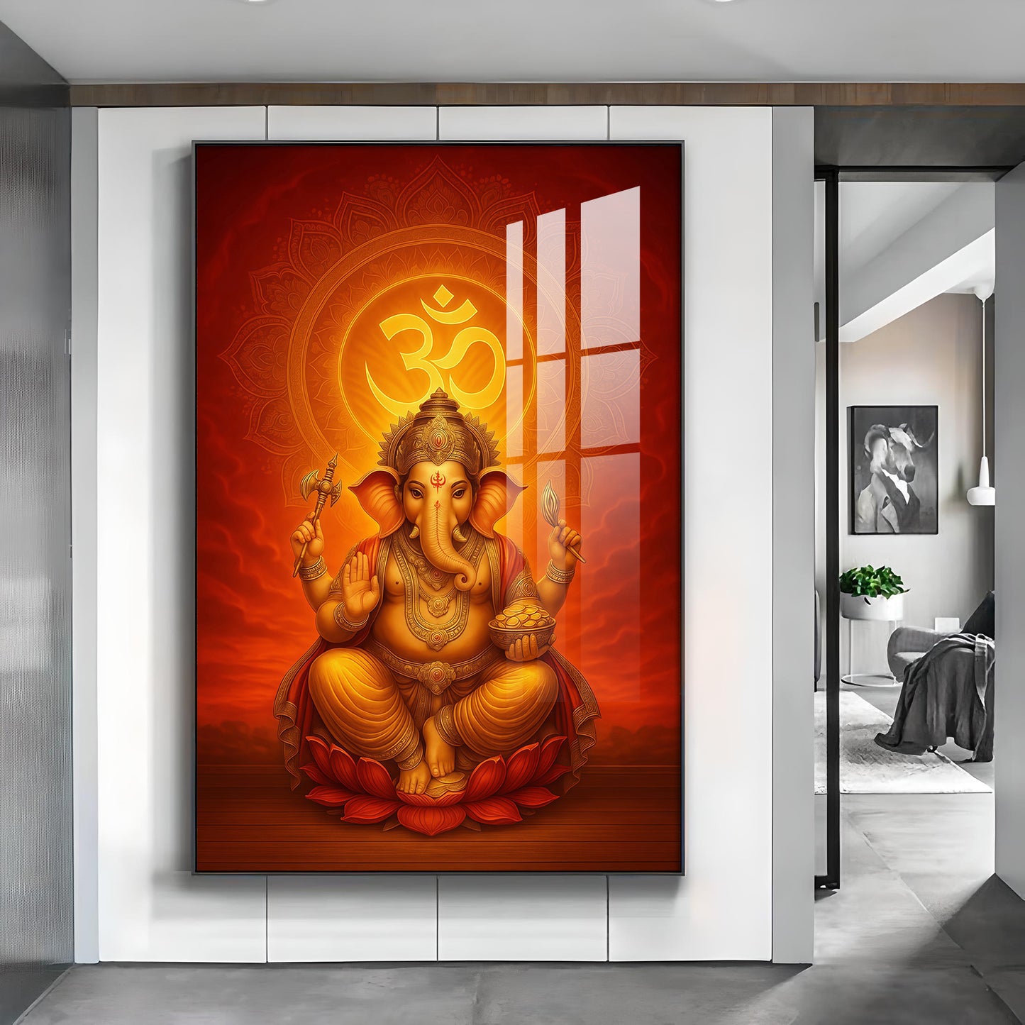 Hindu Lord Ganesh Ji Glass Finish Vertical Wall Art