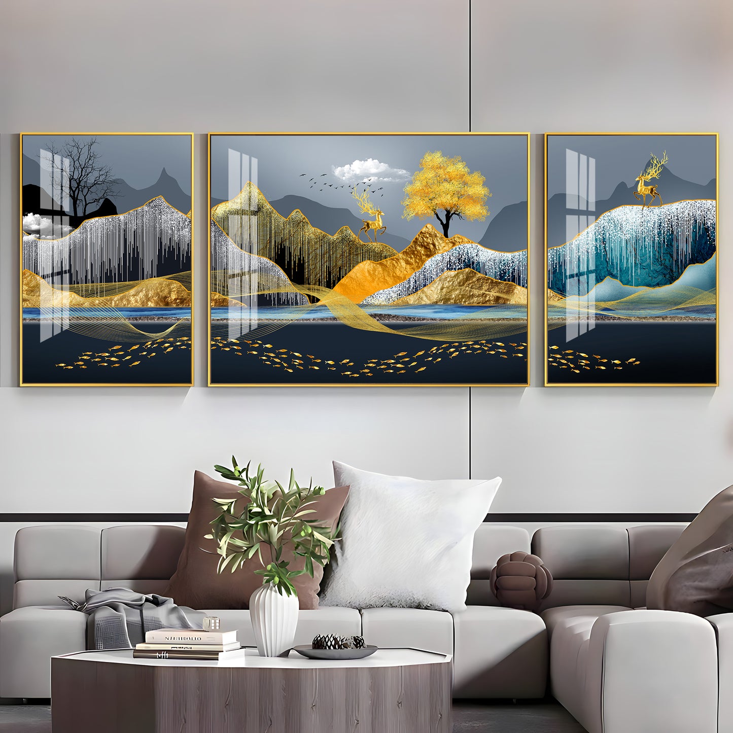 Celestial Mountain Glass Finish Wall Art (Set Of 3)