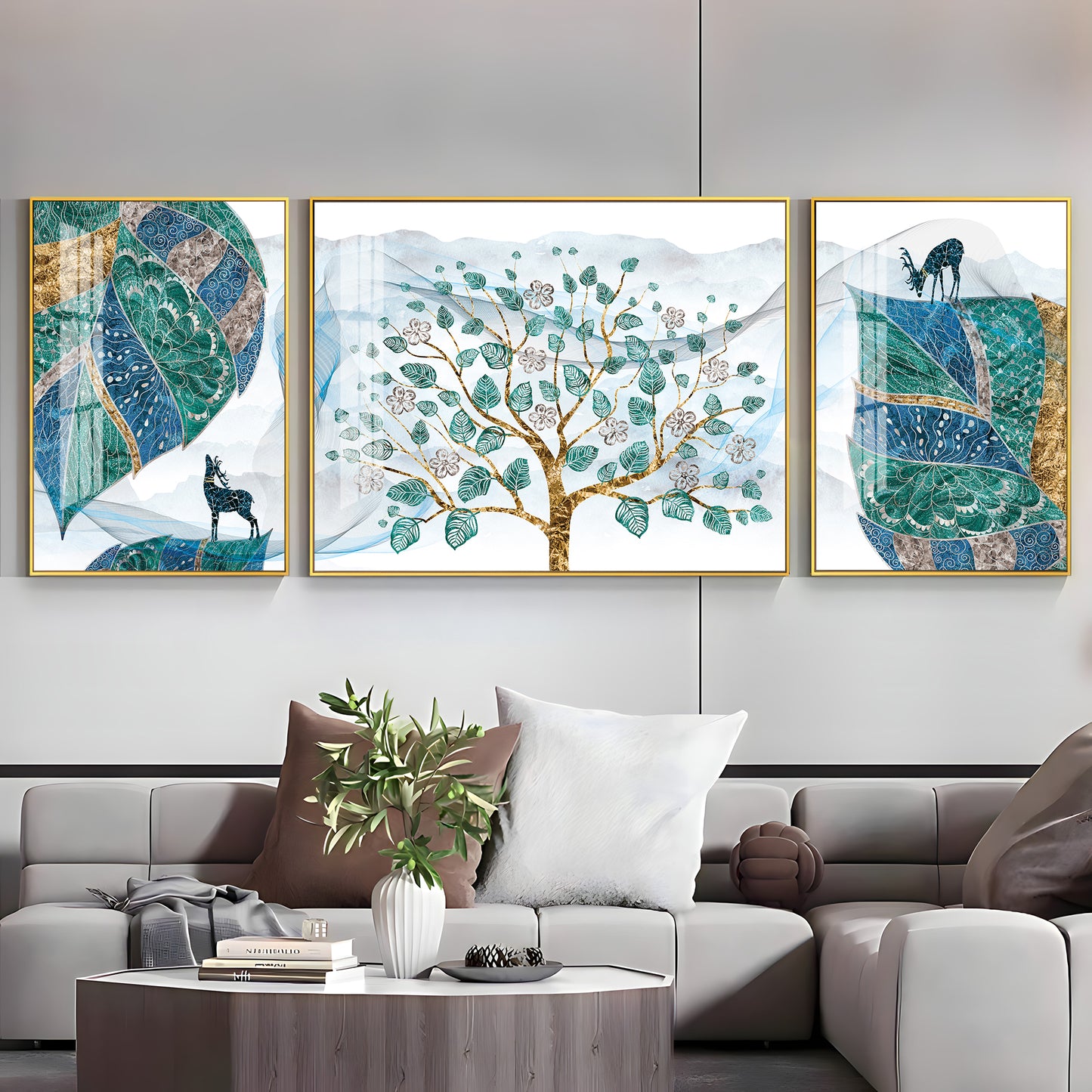 Deer & Tree Elegance Glass Finish Wall Art (Set Of 3)