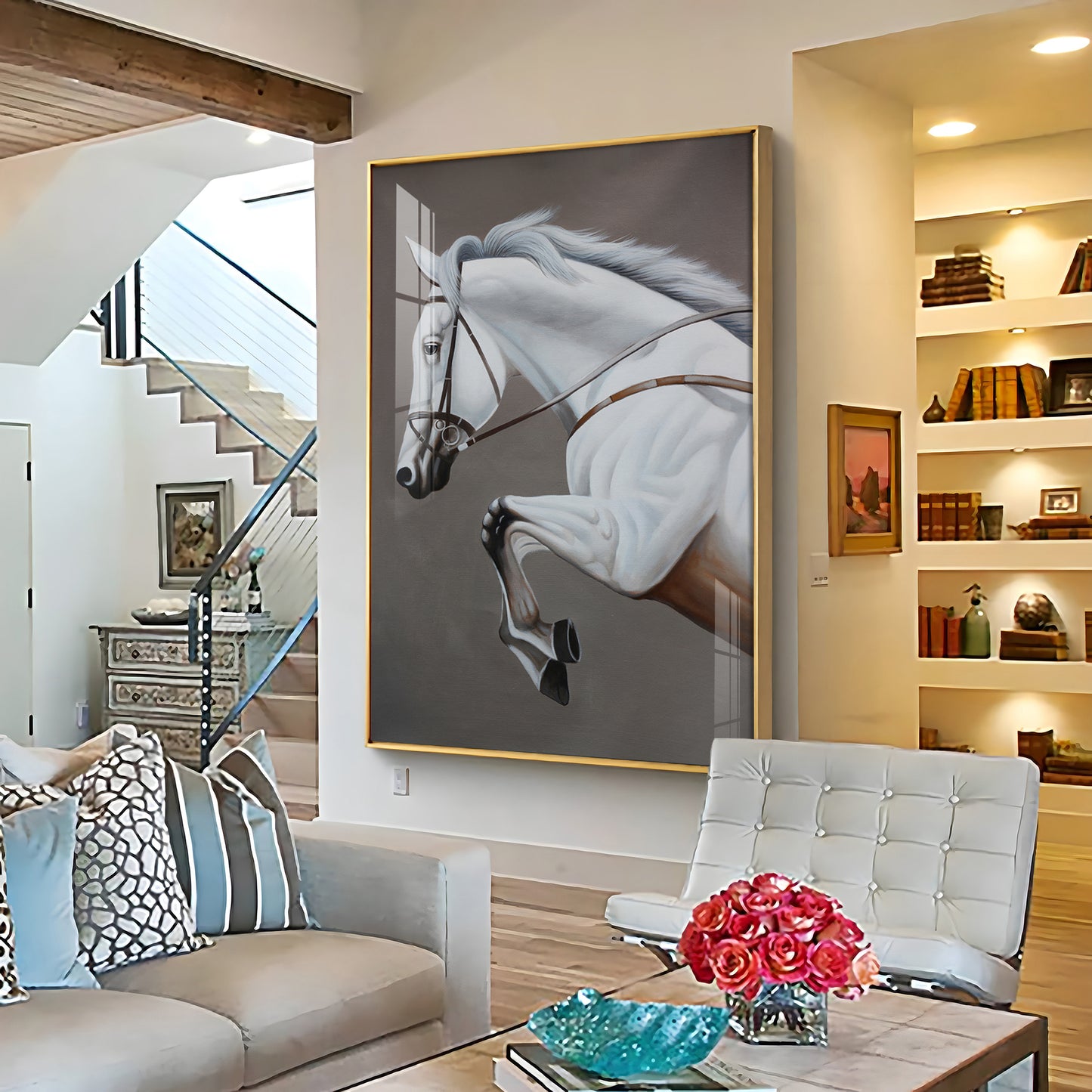 Black & Gold Harmony Horse Glass Finish Vertical Wall Art