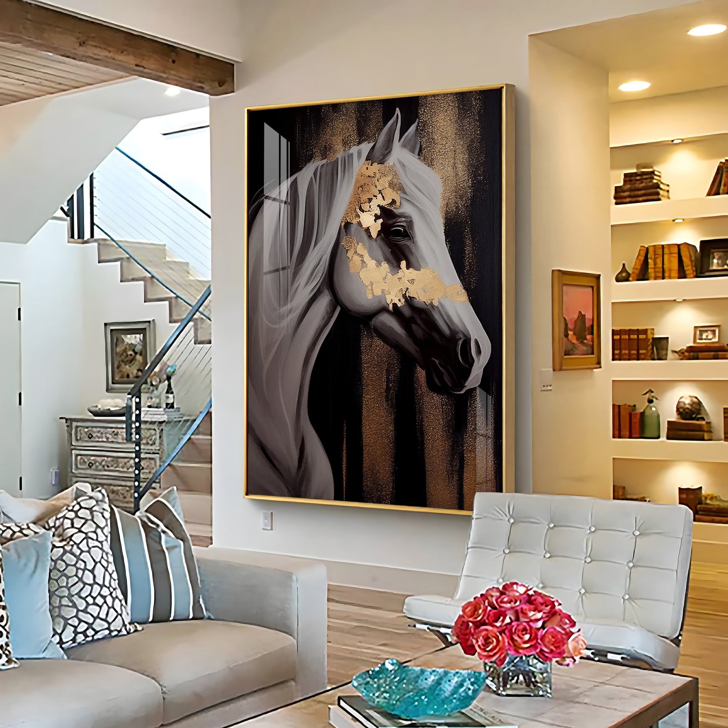 Whispers of Gold Horse Glass Finish Vertical Wall Art