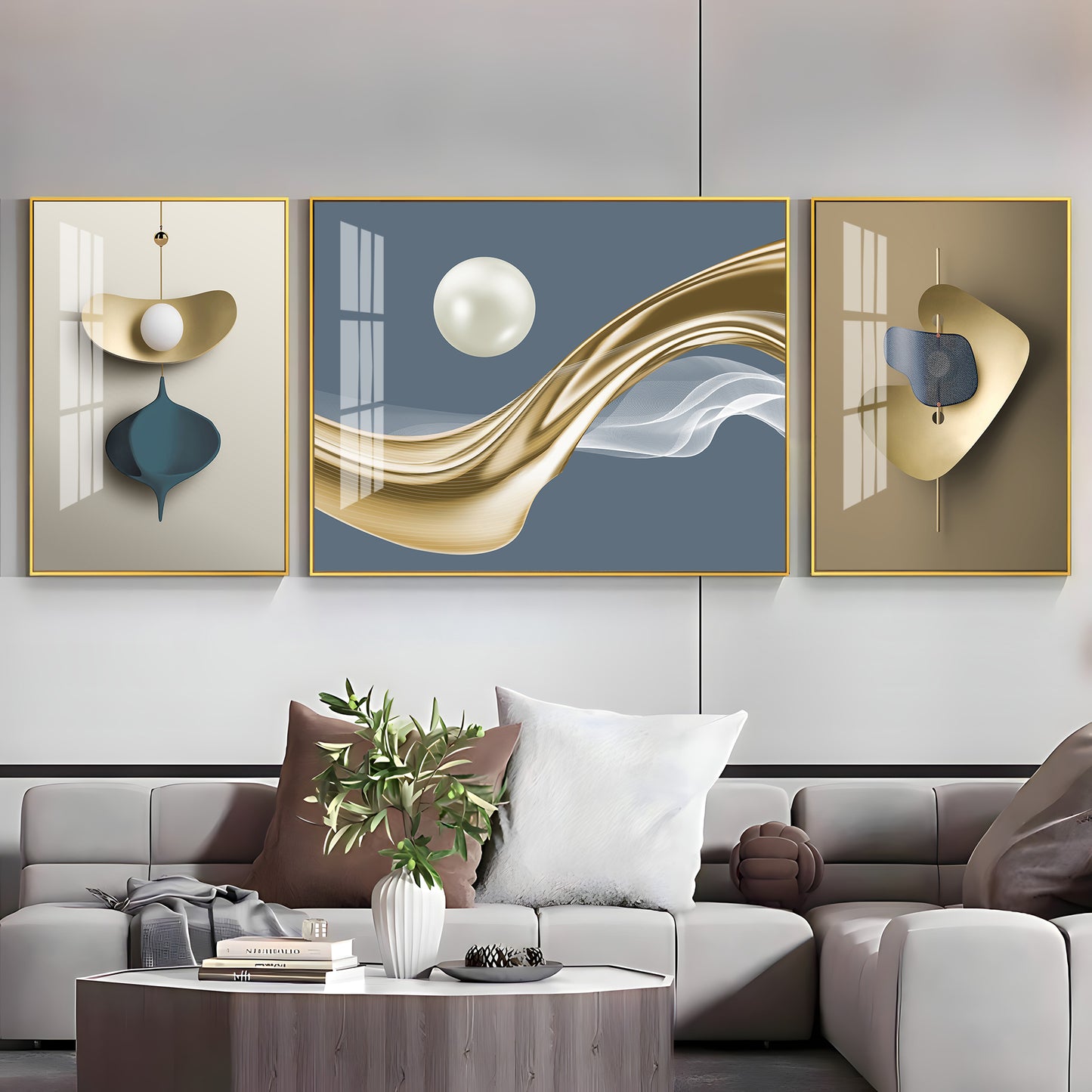 White Pearl Glass Finish Wall Art (Set Of 3)