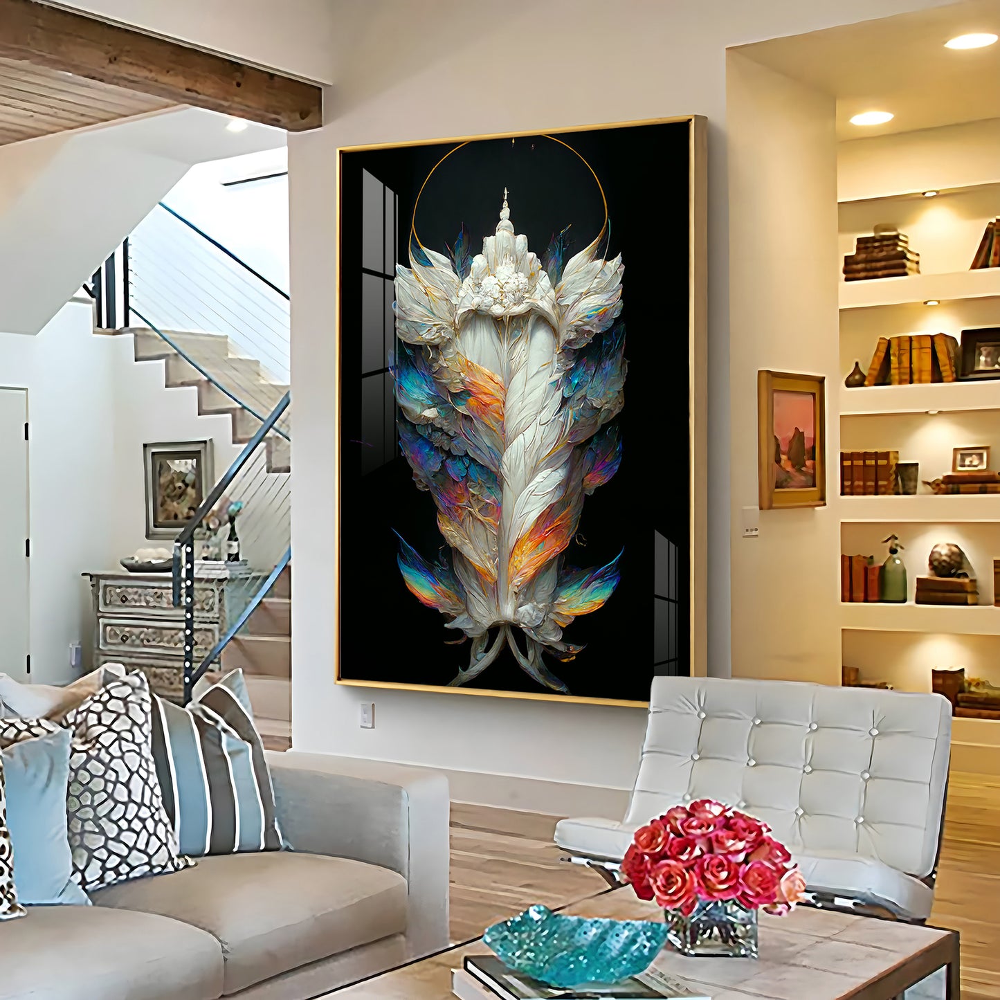 Celestial Feather Glass Finish Vertical Wall Art