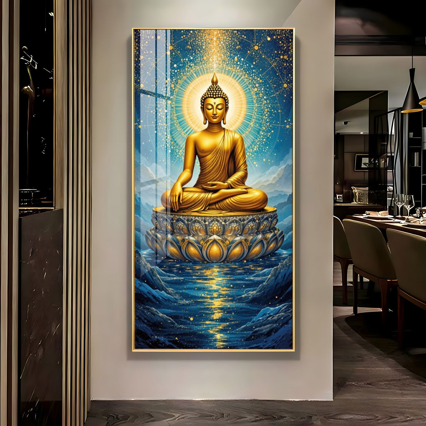 Calm Buddha In River Glass Finish Vertical Wall Art