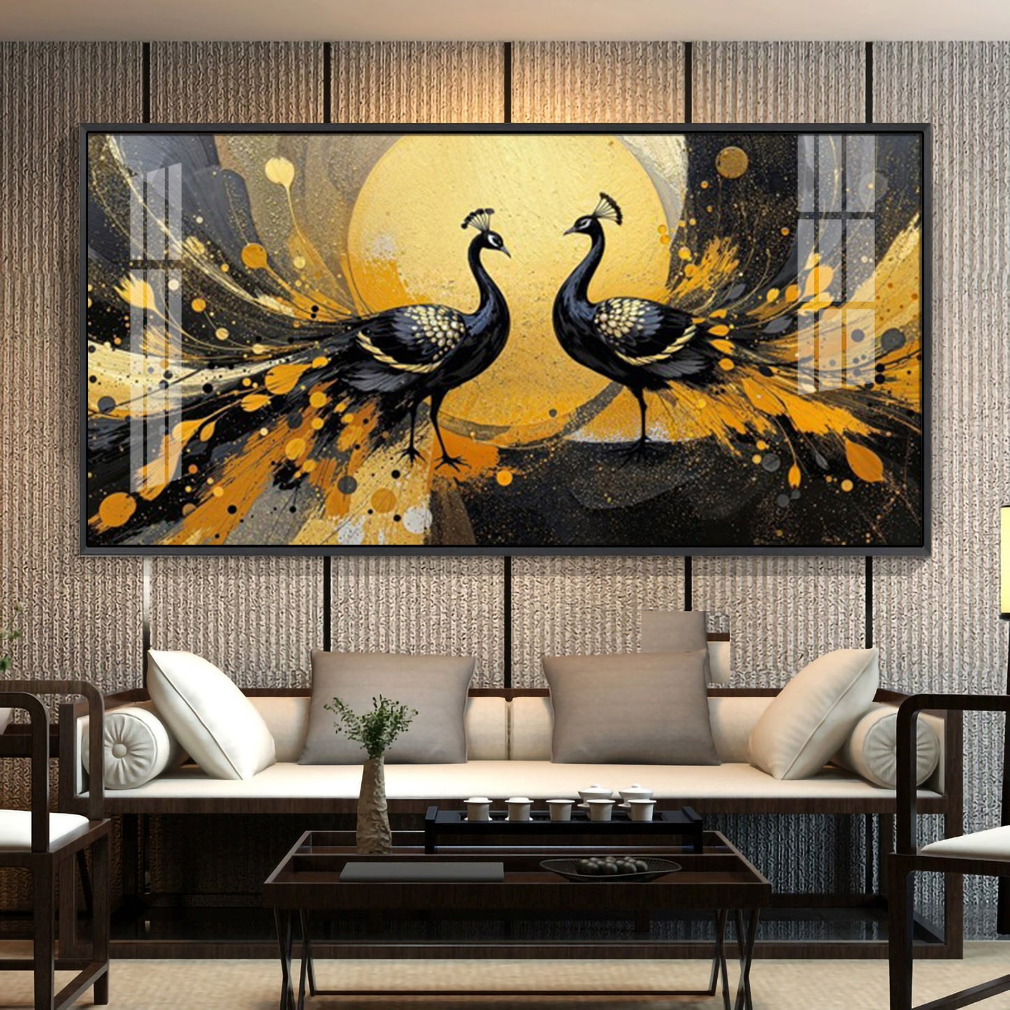 Abstract Two Peacock Looking Each Other Glass Finish Horizontal Wall Art
