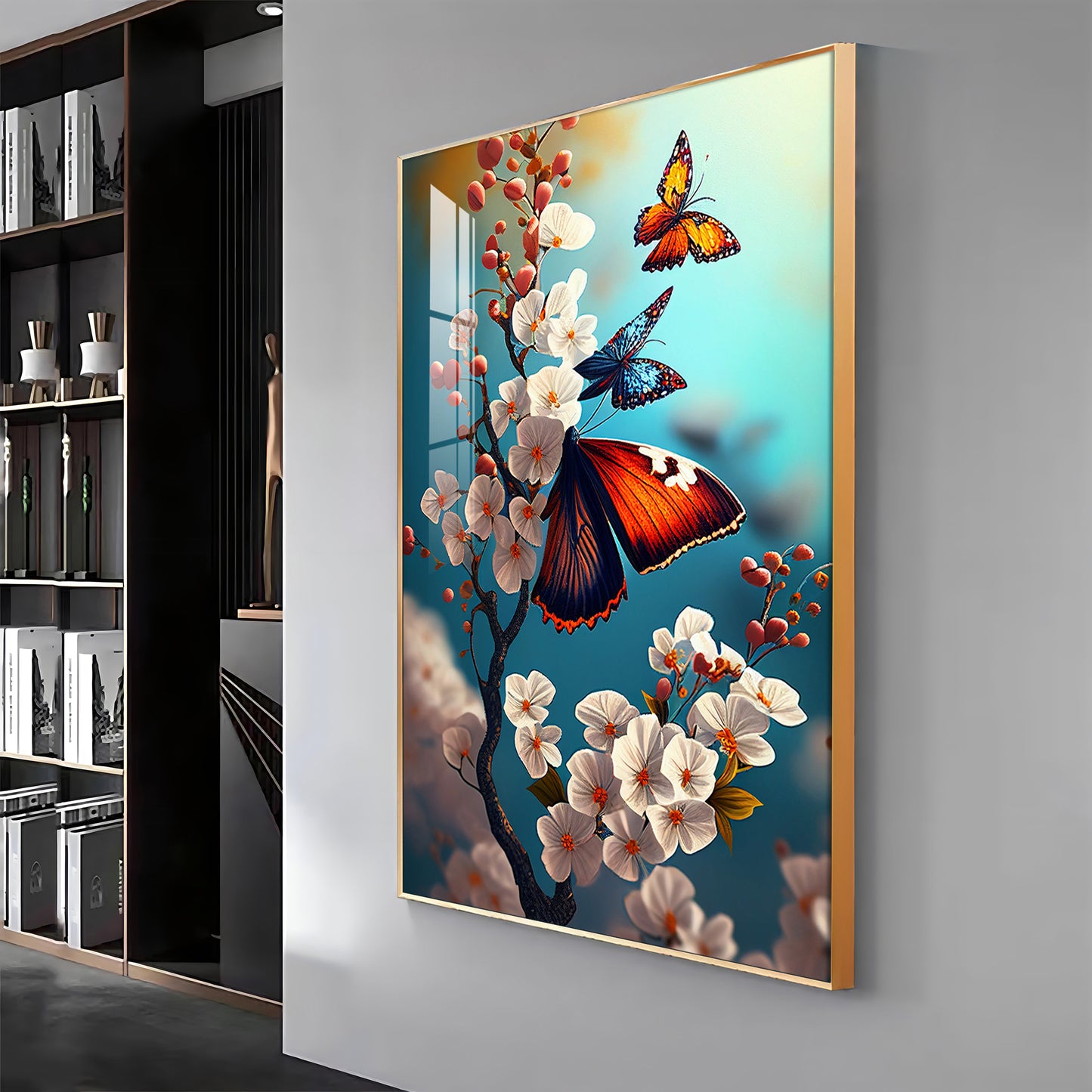 Butterfly Serenade Glass Finish Vertical Wall Art