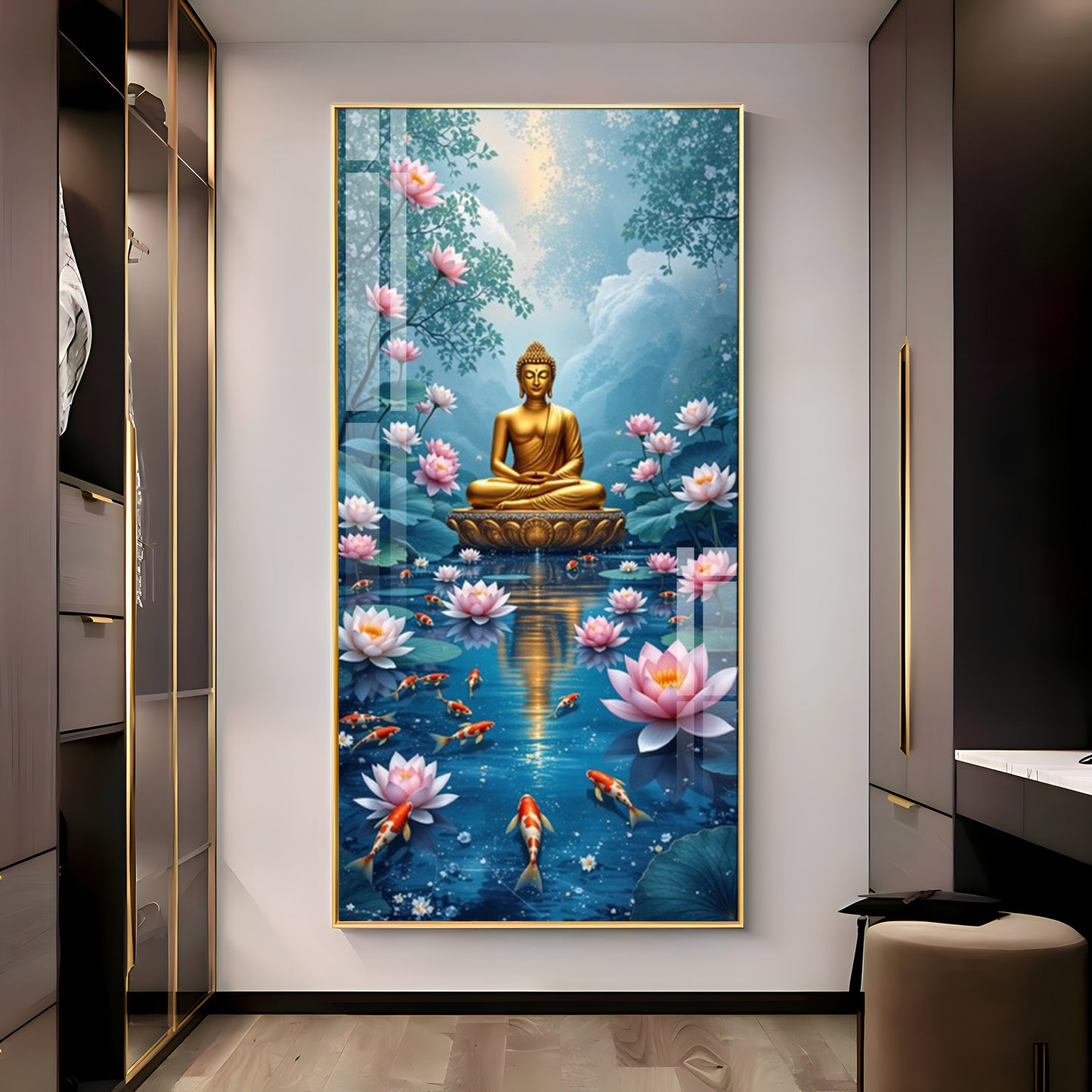 Meditating Budha With Lotus Glass Finish Vertical Wall Art