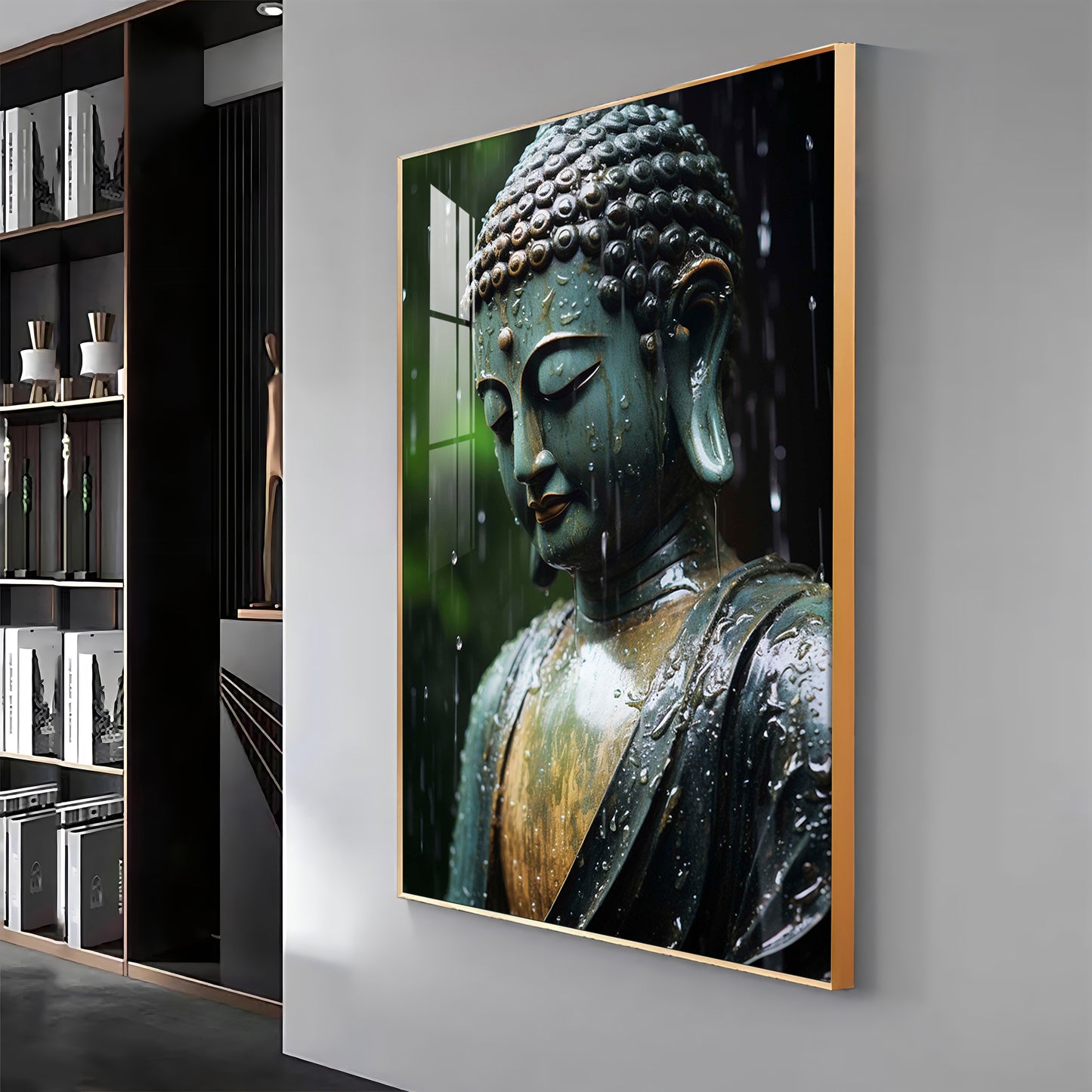 Buddha's Tranquil Embrace Glass Finish Vertical Wall Art