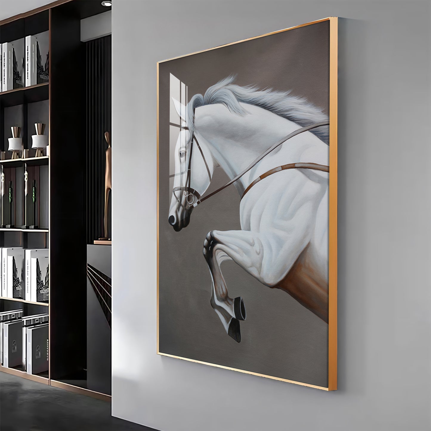 Black & Gold Harmony Horse Glass Finish Vertical Wall Art
