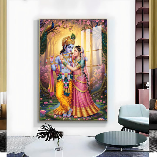 Krishna and Radha Love in Serenity Glass Finish Vertical Wall Art