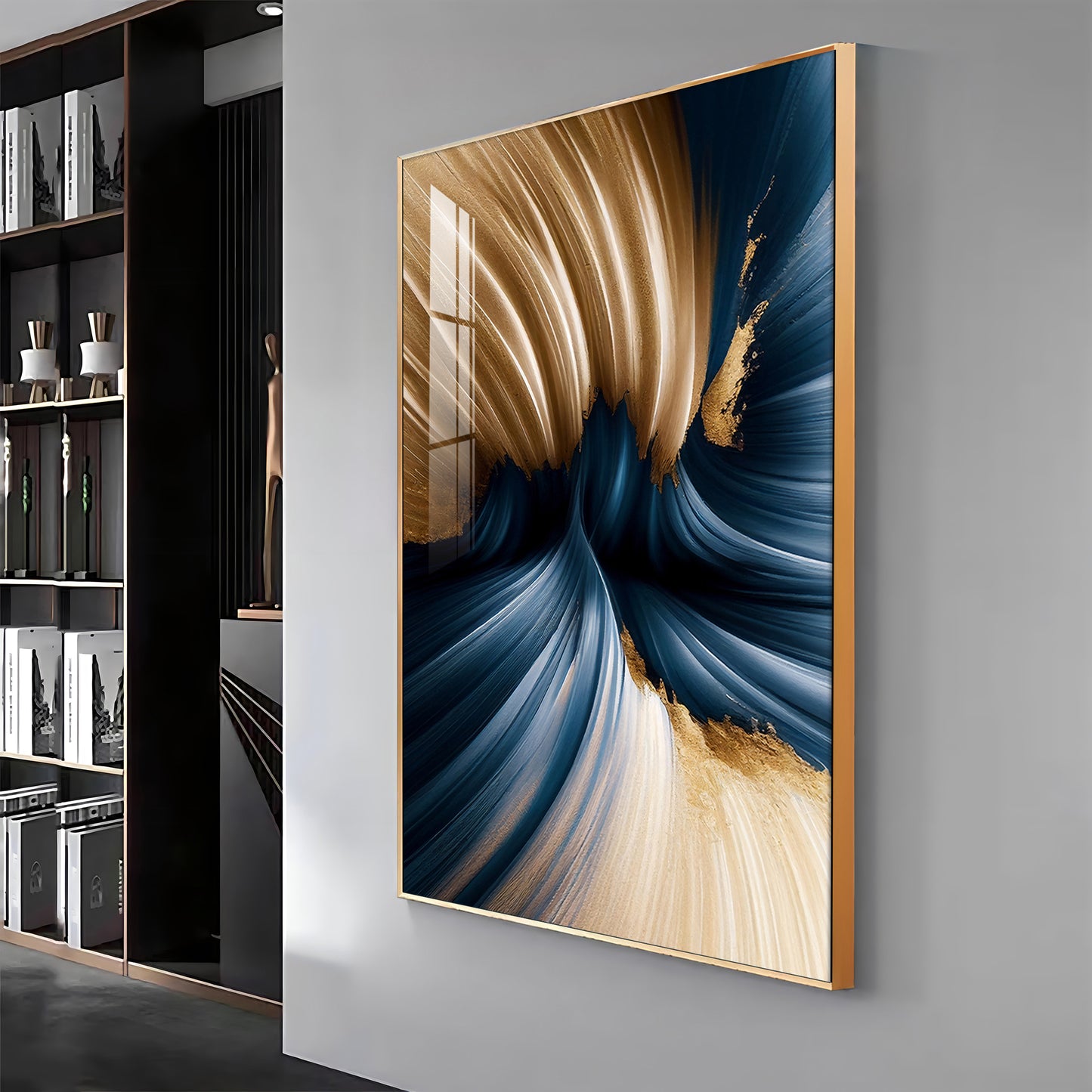 Golden Wave Serenity Glass Finish Vertical Wall Art