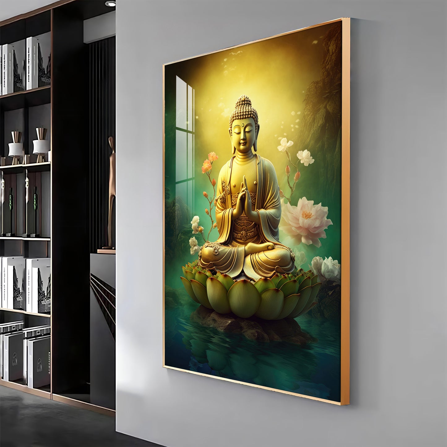 Buddha Lotus Harmony Glass Finish Vertical Wall Art
