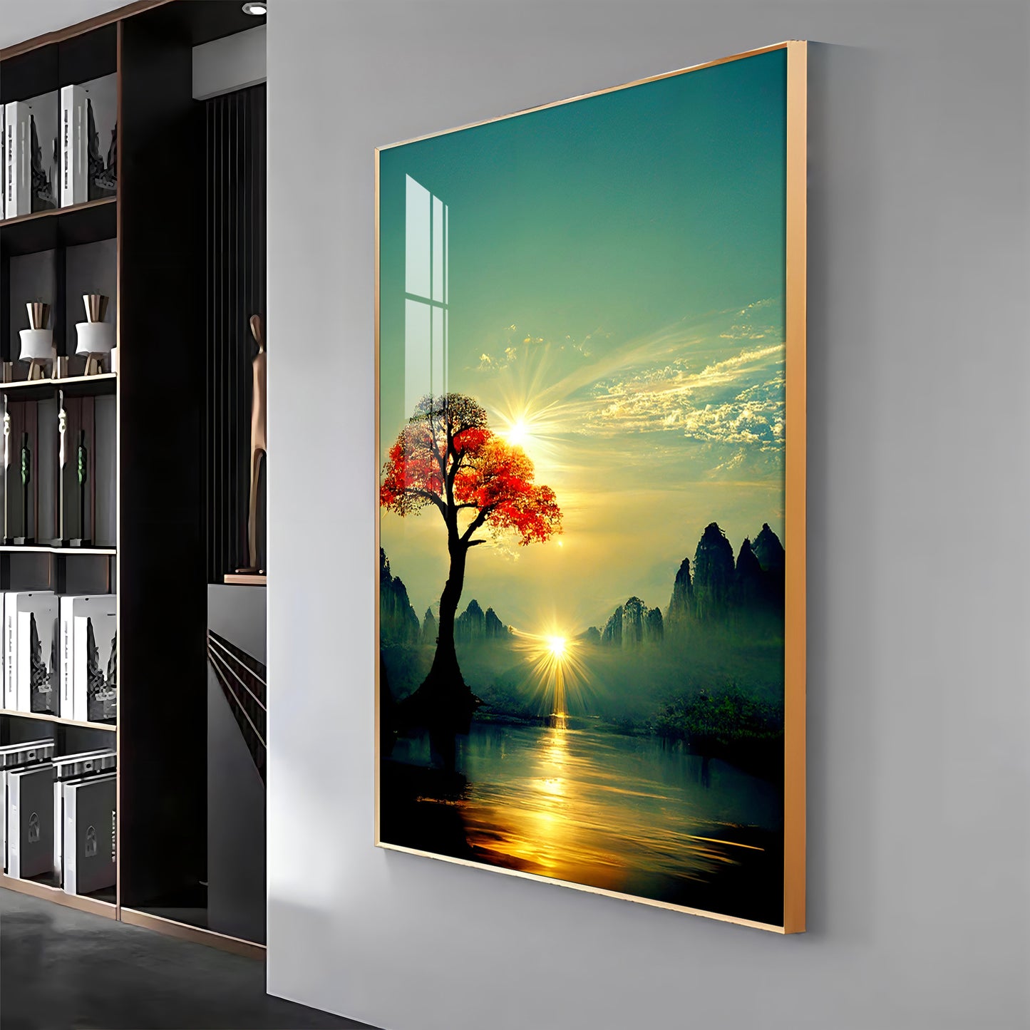 Golden Vista Glass Finish Vertical Wall Art