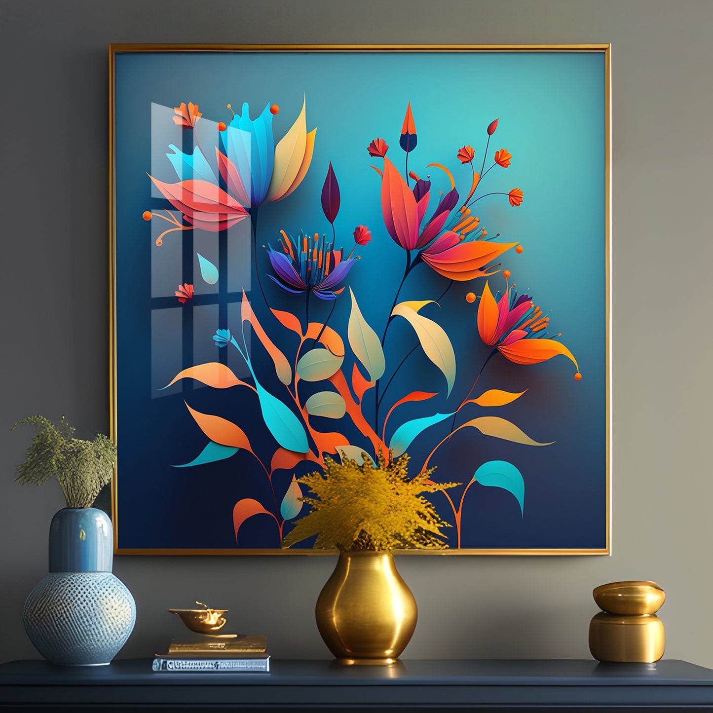 Shadowed Blooms Glass Finish Square Wall Art