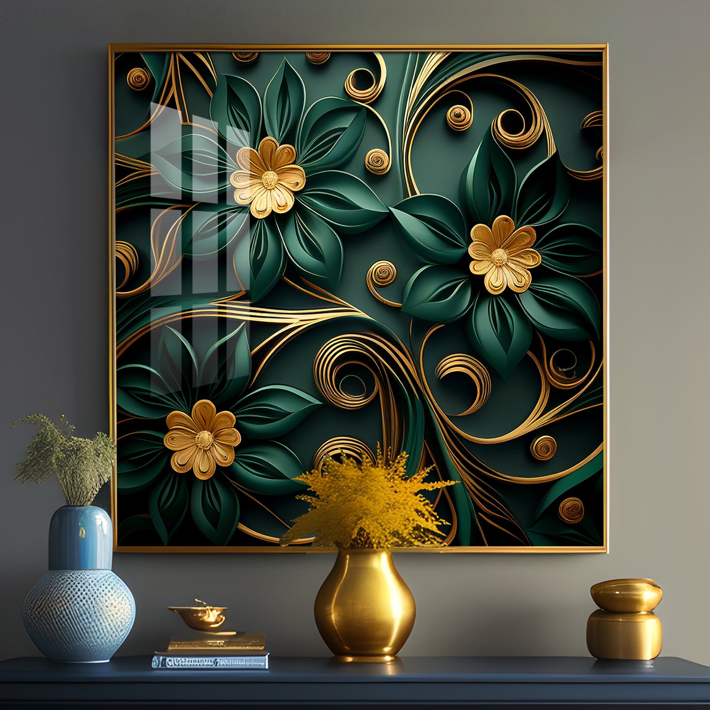 Emerald Garden Flower Glass Finish Square Wall Art