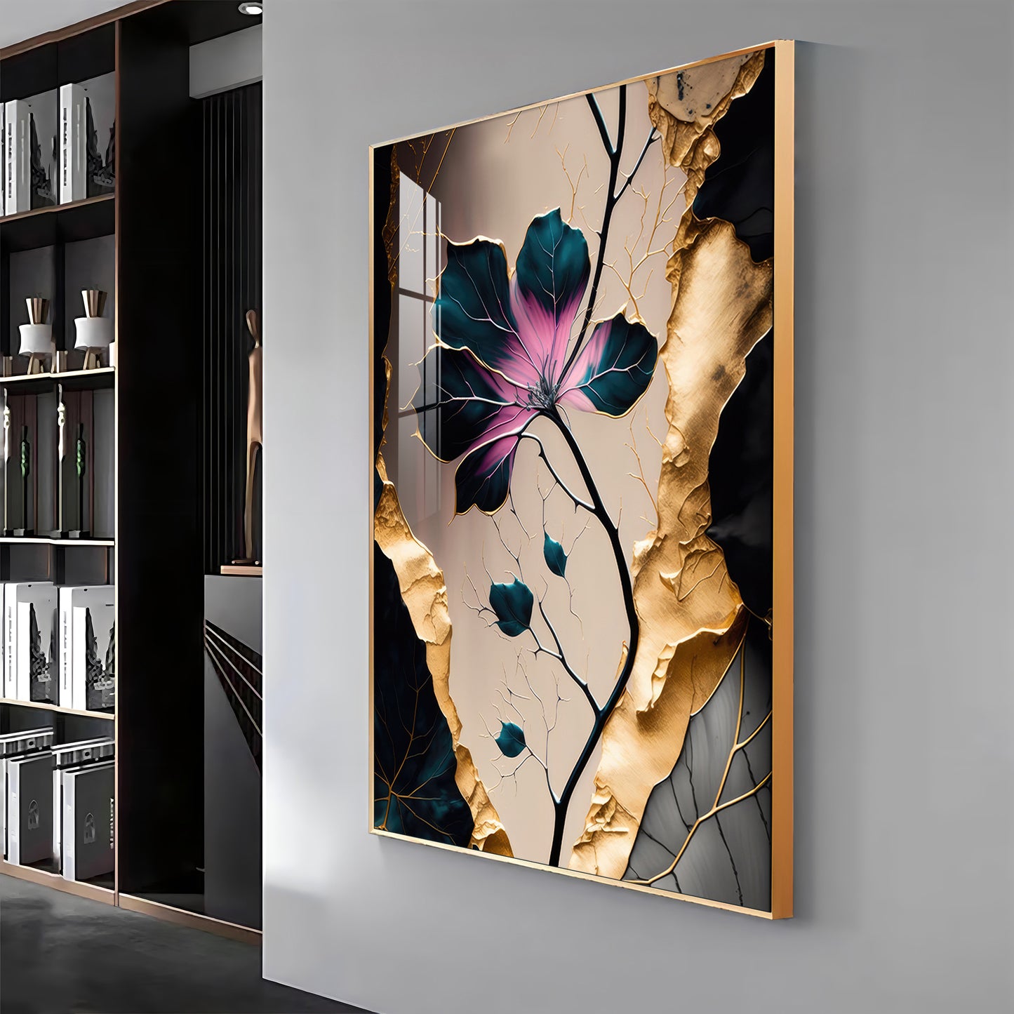 Noir Blossom Majesty Glass Finish Vertical Wall Art