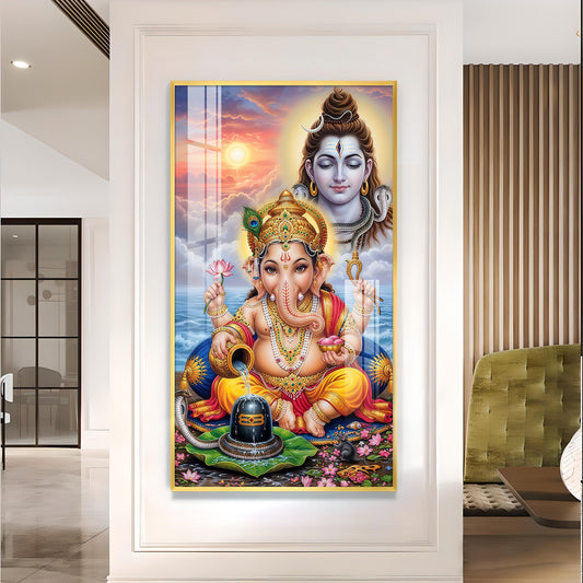 Lord Shiva and Ganesh Glass Finish Vertical Wall Art