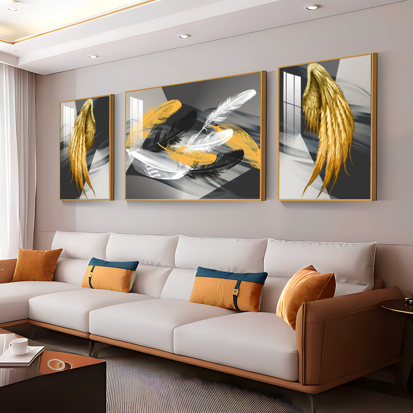 Golden & White Feather Glass Finish Wall Art (Set Of 3)