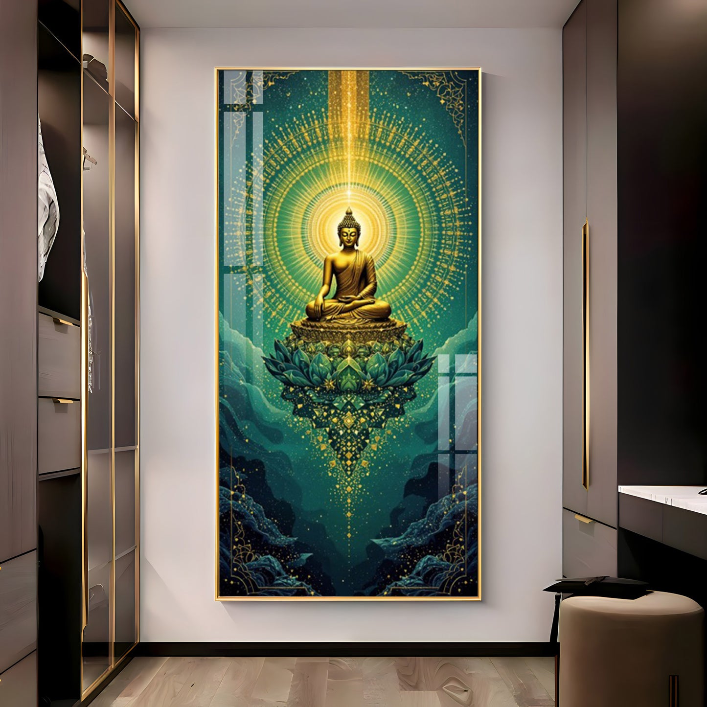Surreal Energy Of Budha Glass Finish Vertical Wall Art