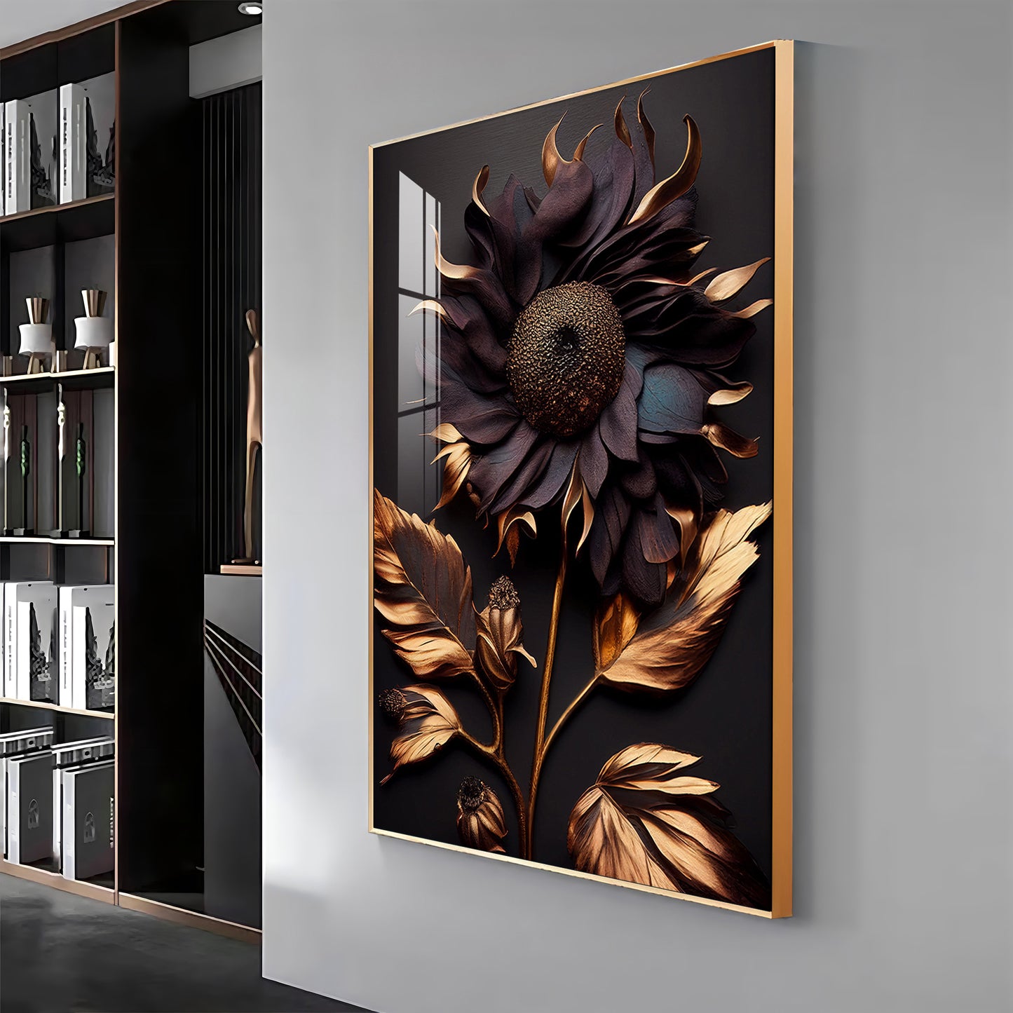 Golden Bloom Artistry Glass Finish Vertical Wall Art