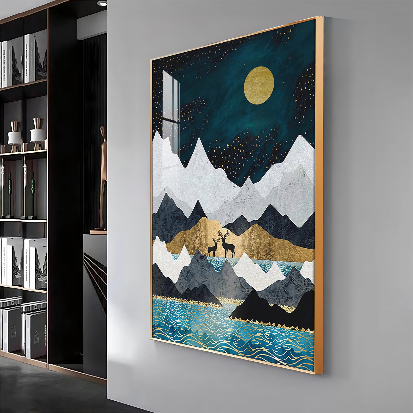 Moonlit Mountain Reverie Glass Finish Vertical Wall Art
