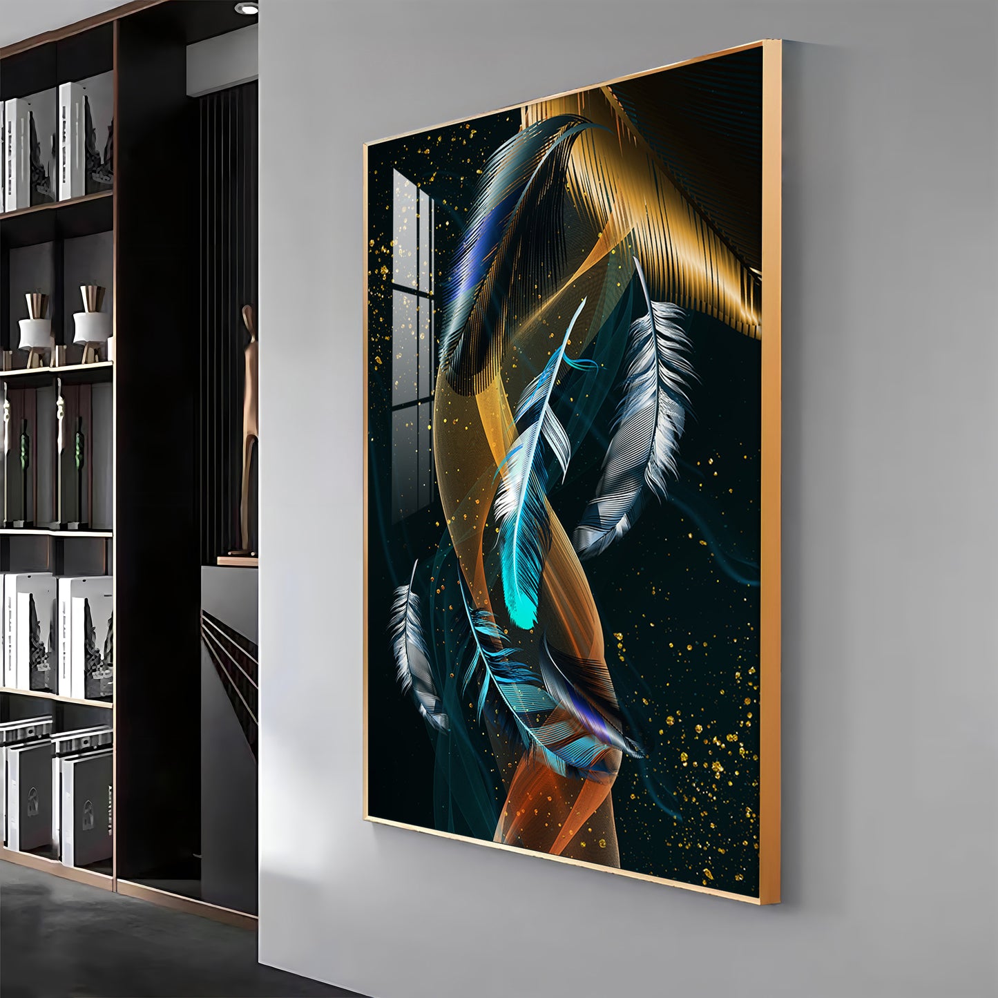 Feathered Whispers Glass Finish Vertical Wall Art