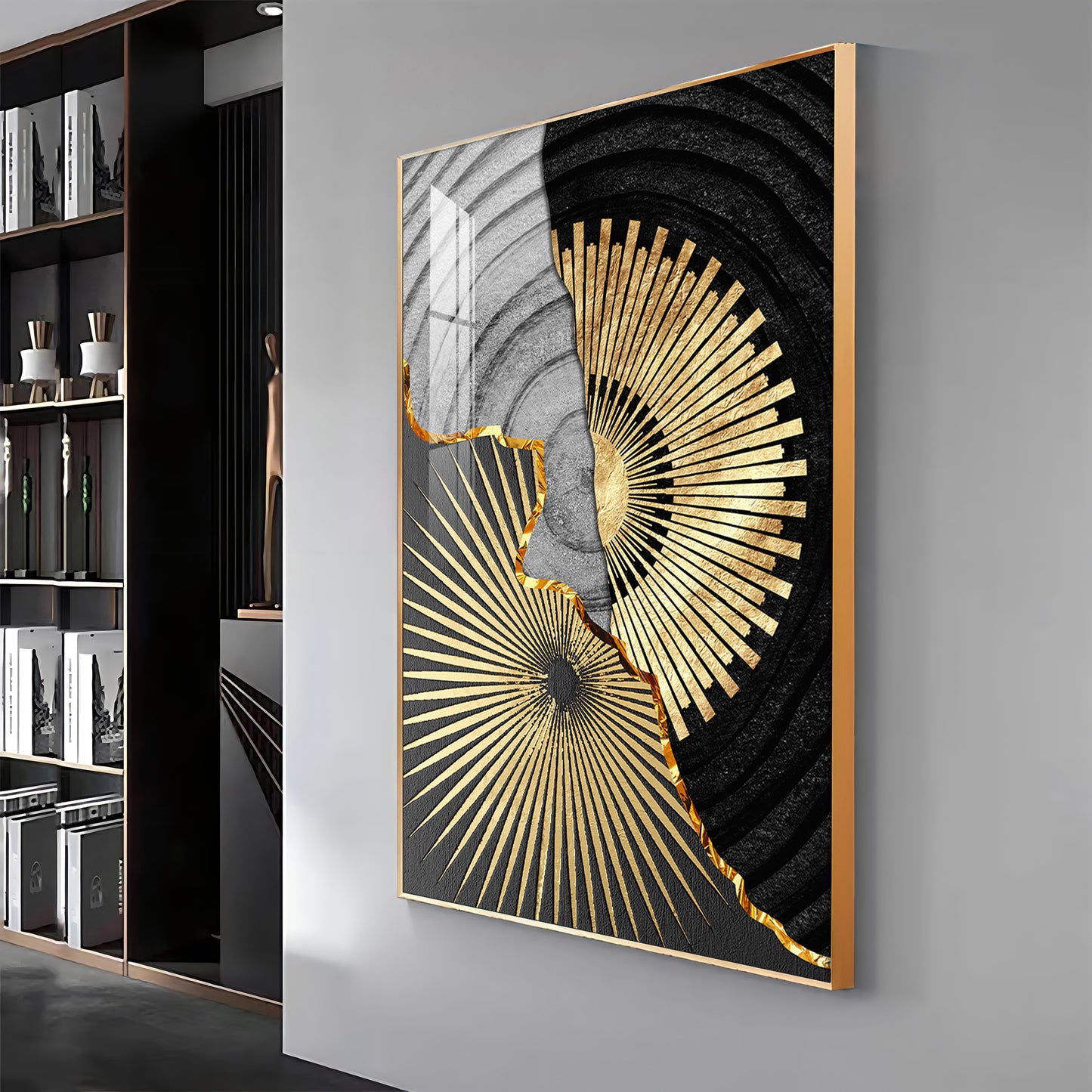 Golden Elegance Wall Decor Glass Finish Vertical Wall Art