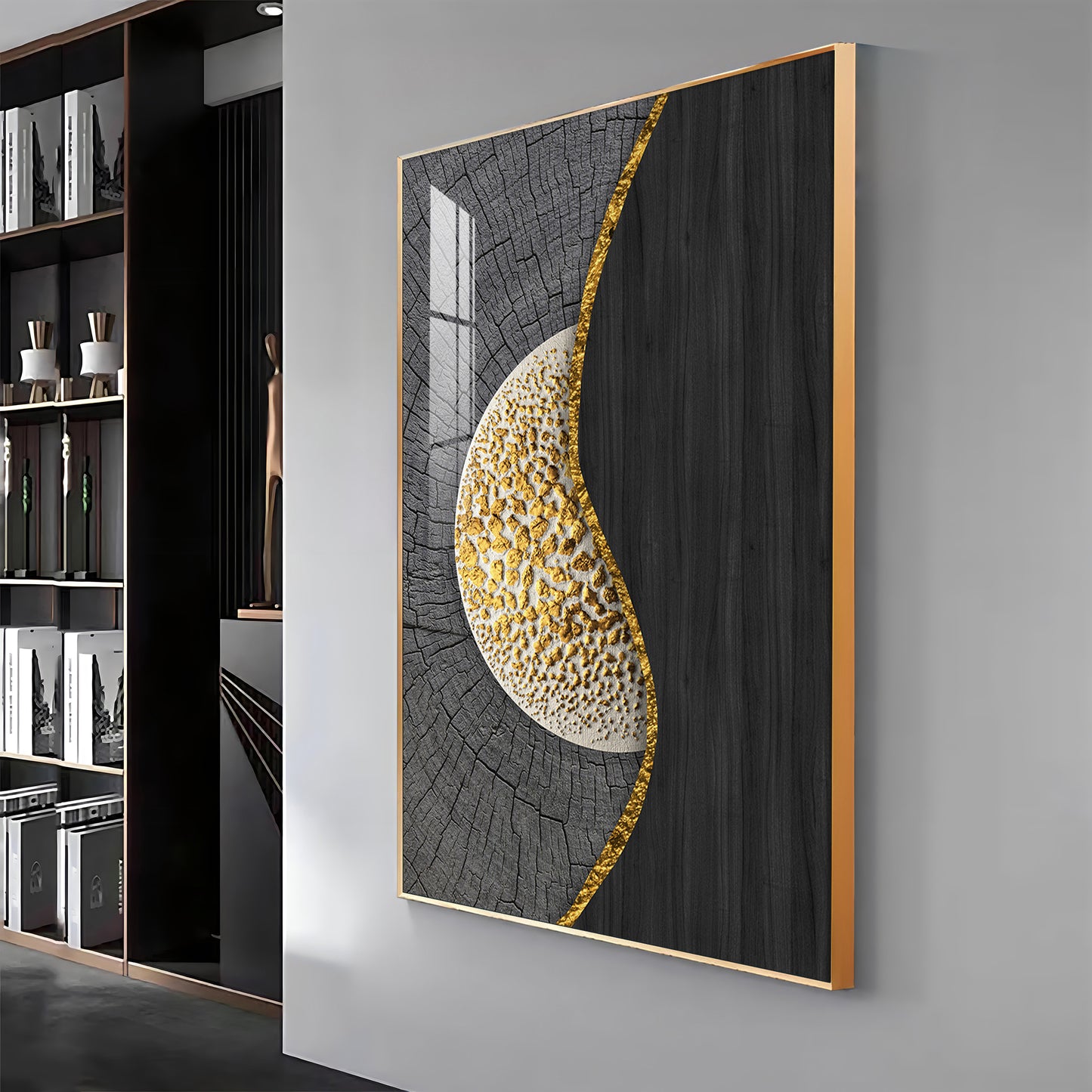 Golden Harmony Glass Finish Vertical Wall Art