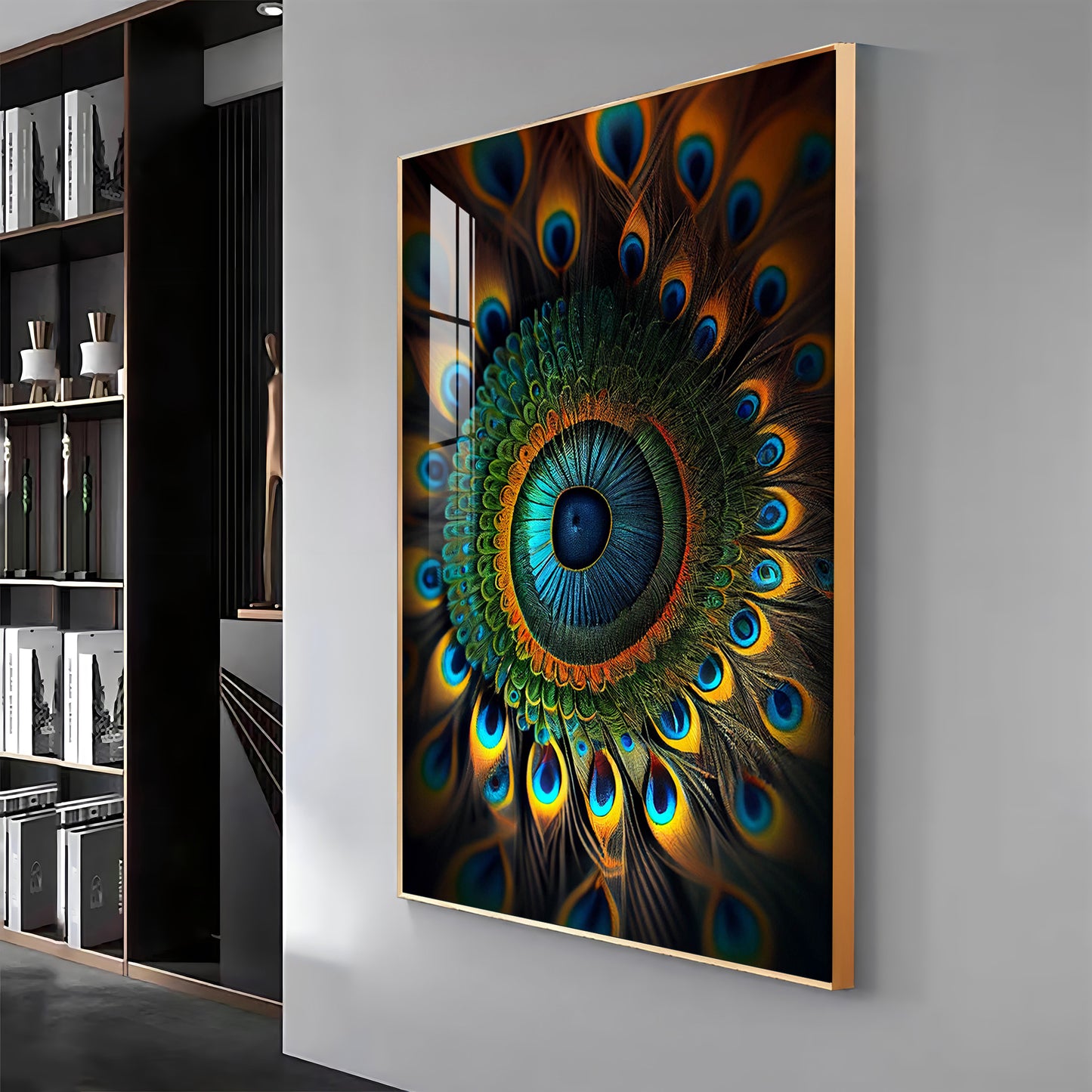 Peacock Prism Glass Finish Vertical Wall Art