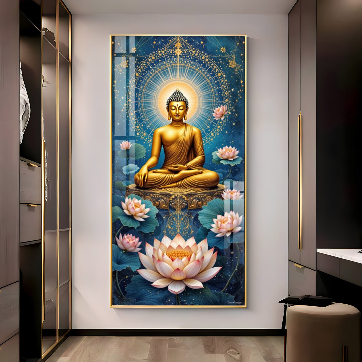 Meditating Buddha With White Lotus Glass Finish Vertical Wall Art
