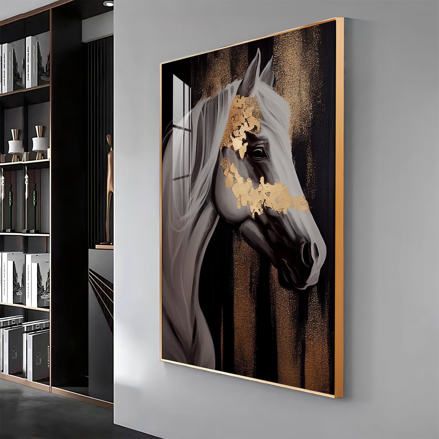 Whispers of Gold Horse Glass Finish Vertical Wall Art